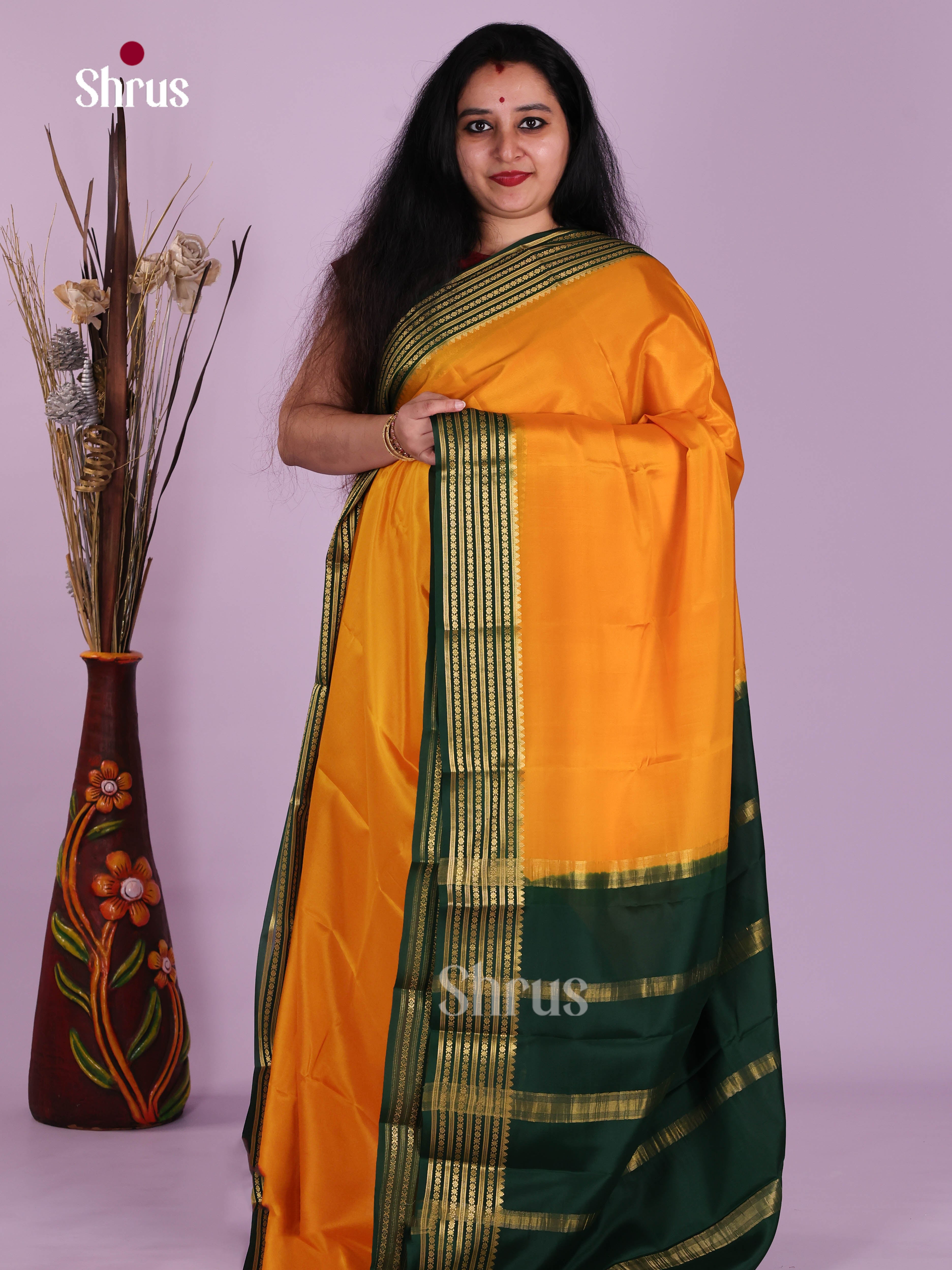 Lustrous Mambazha Yellow & Green Mysore Silk Saree with contrast zari border - Shop on Shrus.com
