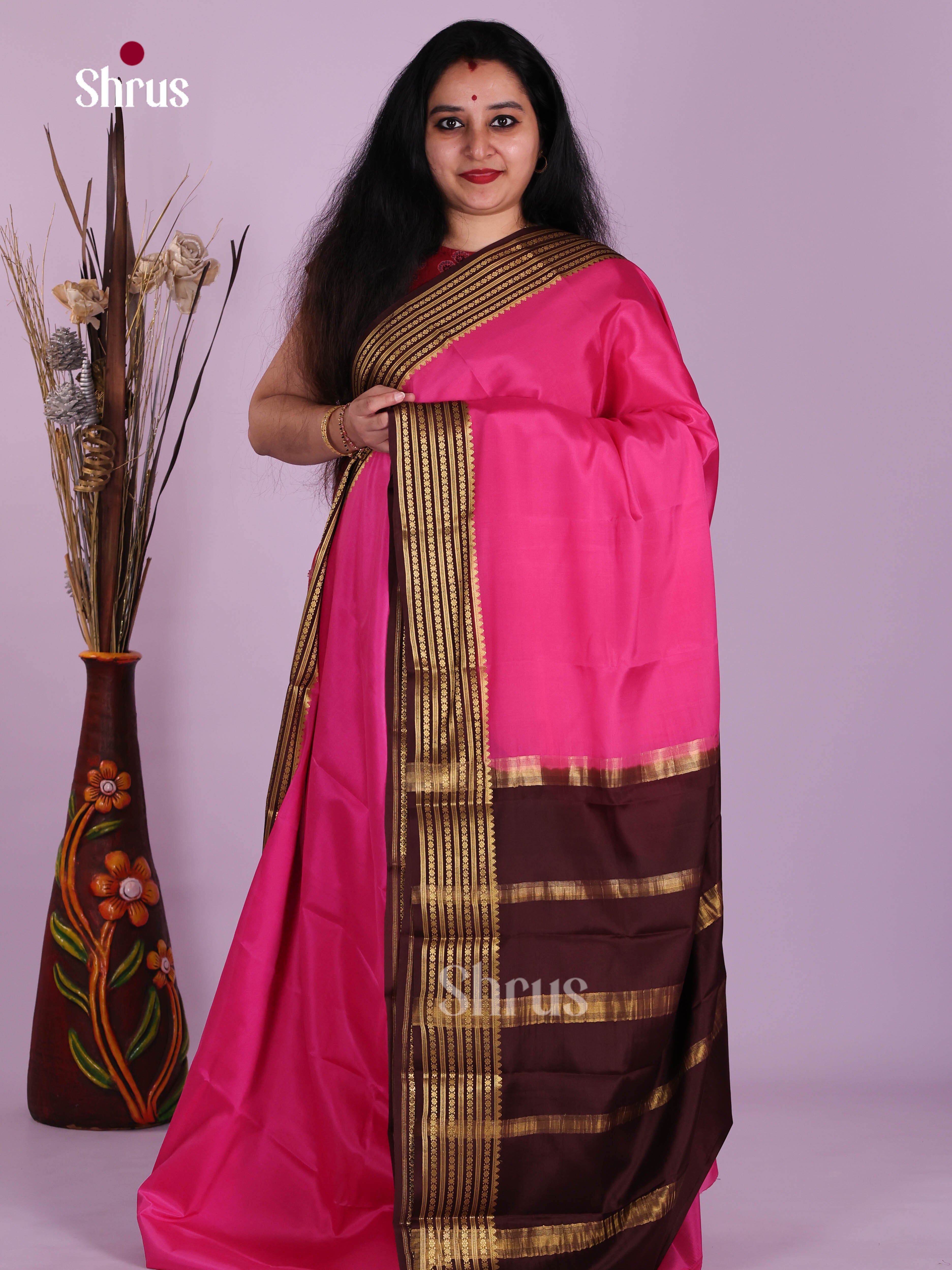 Exquisite Pink & Brown Mysore Silk Saree with rich traditional zari border