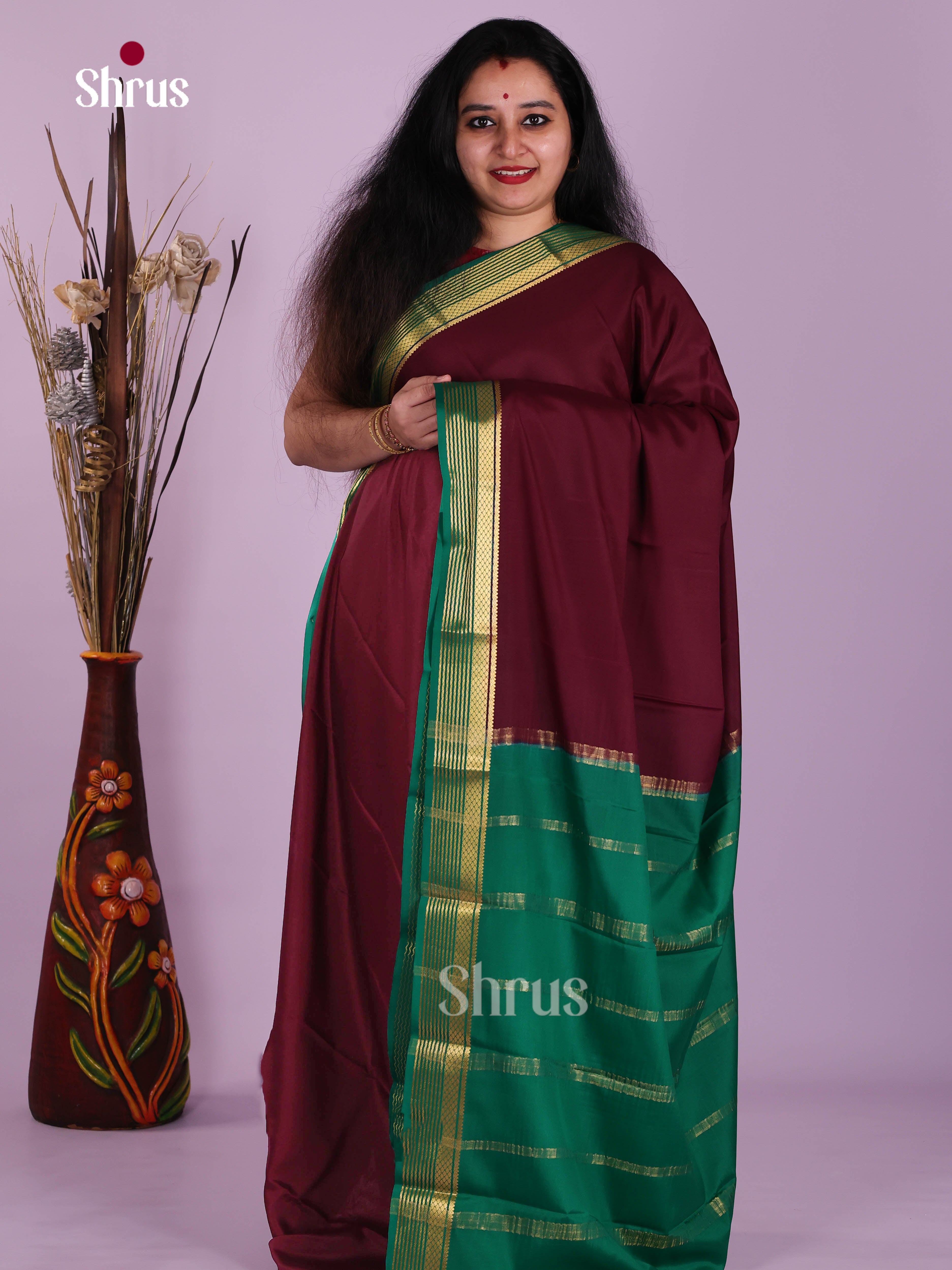 Elegant Brown & Green Mysore Silk Saree with contrast zari border
