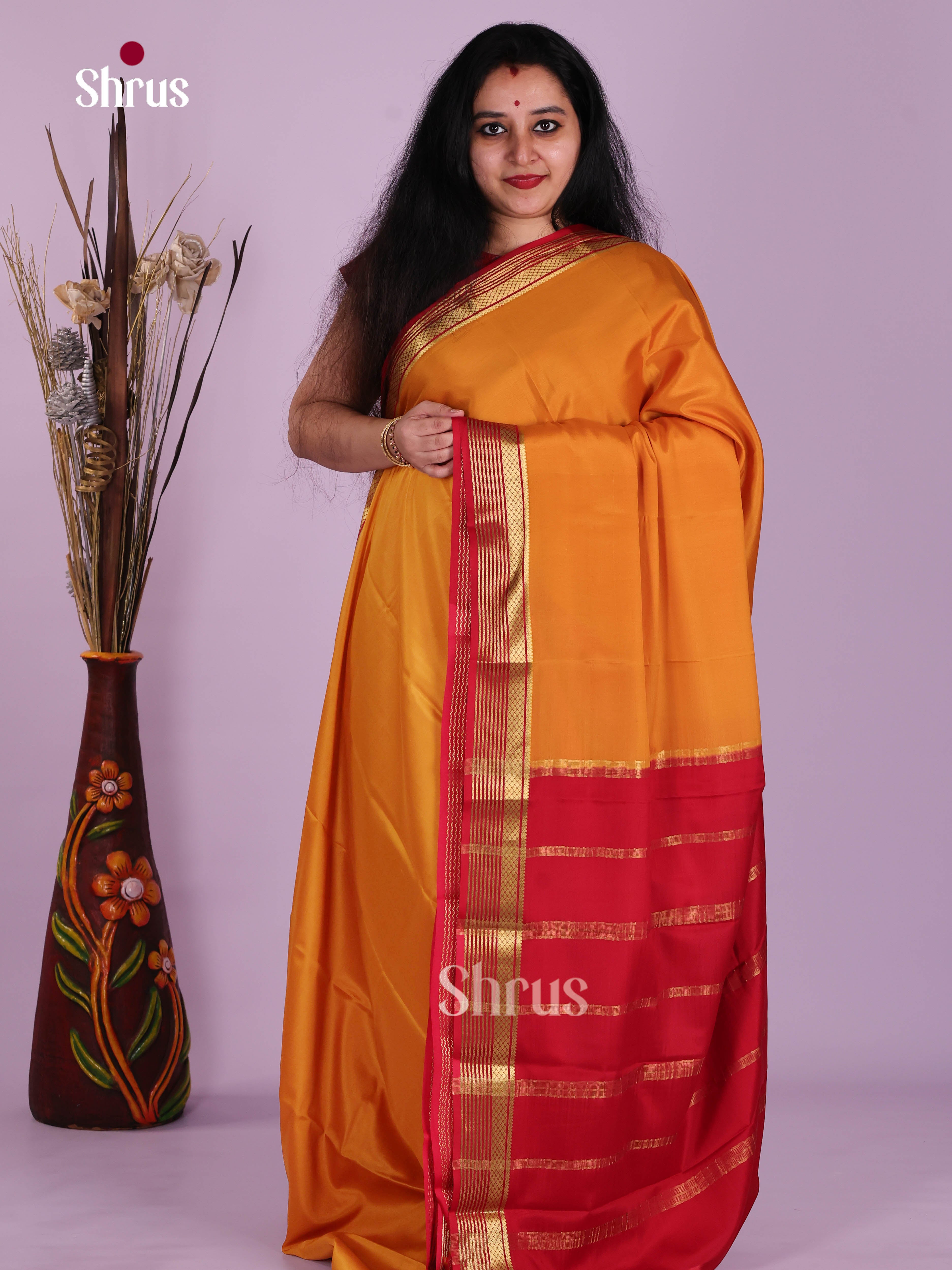 Glorious Mustard & Red Mysore Silk Saree with traditional zari stripes
