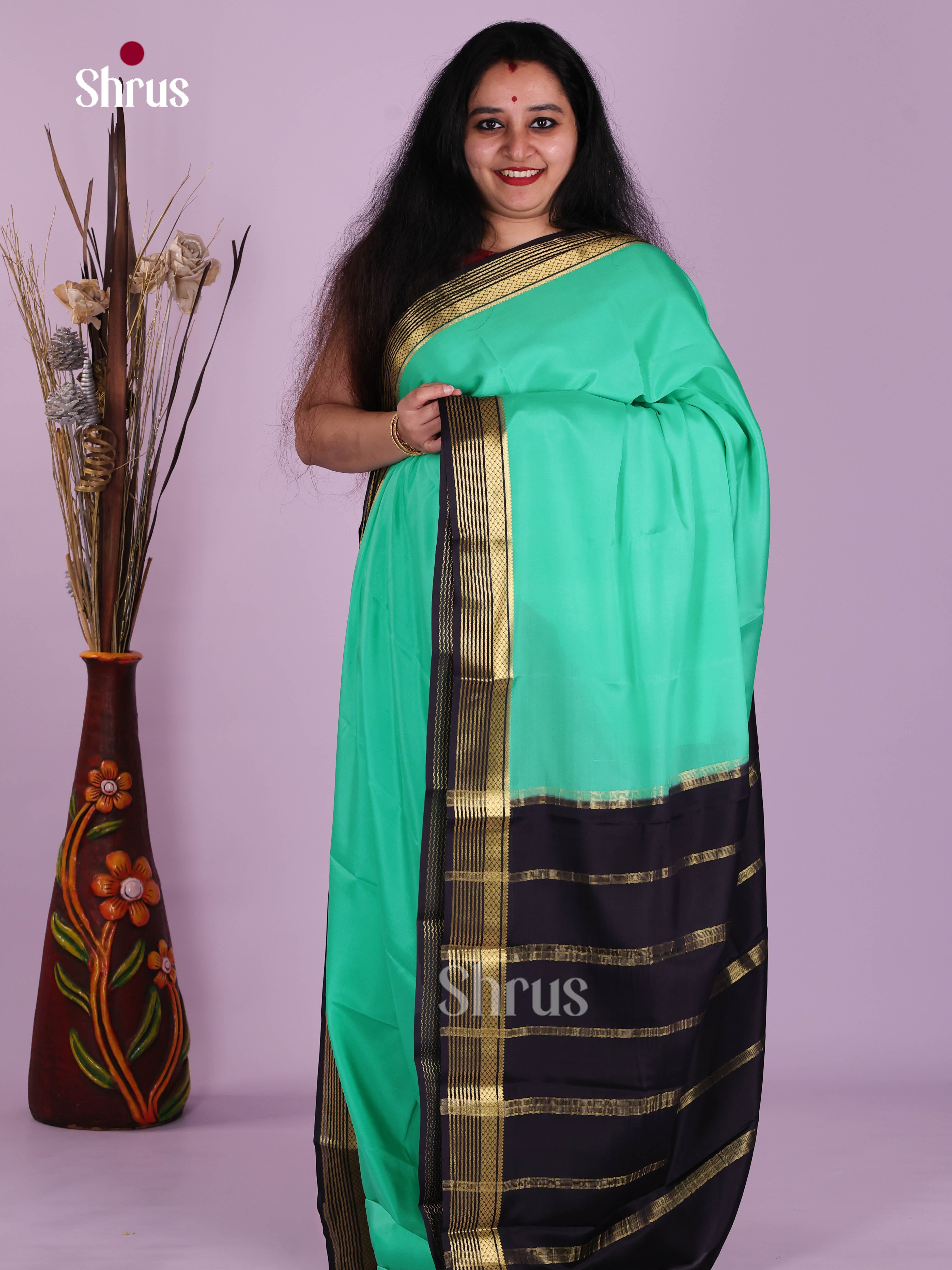 Pastel Green & Blue Mysore Silk Saree with contrast zari border