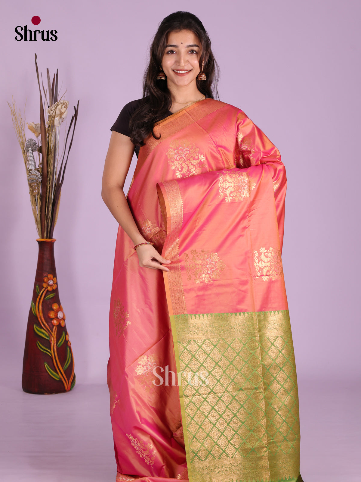 Orangish Pink & Green - Semi Softsilk Saree