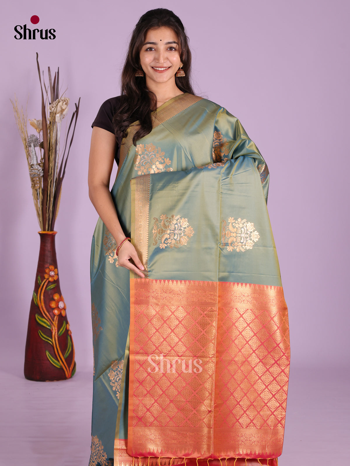 Pastel Green & Orange - Semi Softsilk Saree