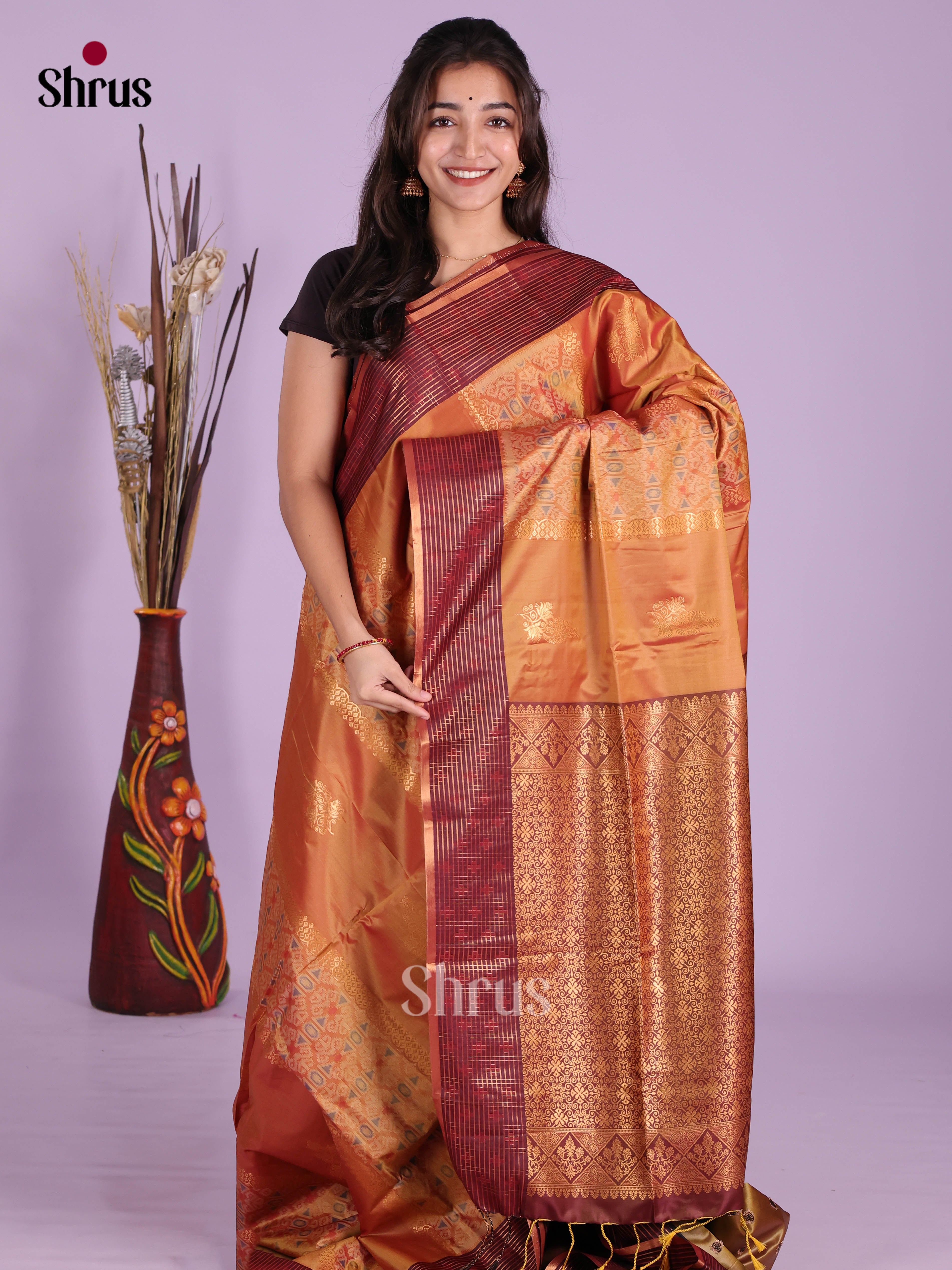 Brown & Maroon - Semi Softsilk Saree