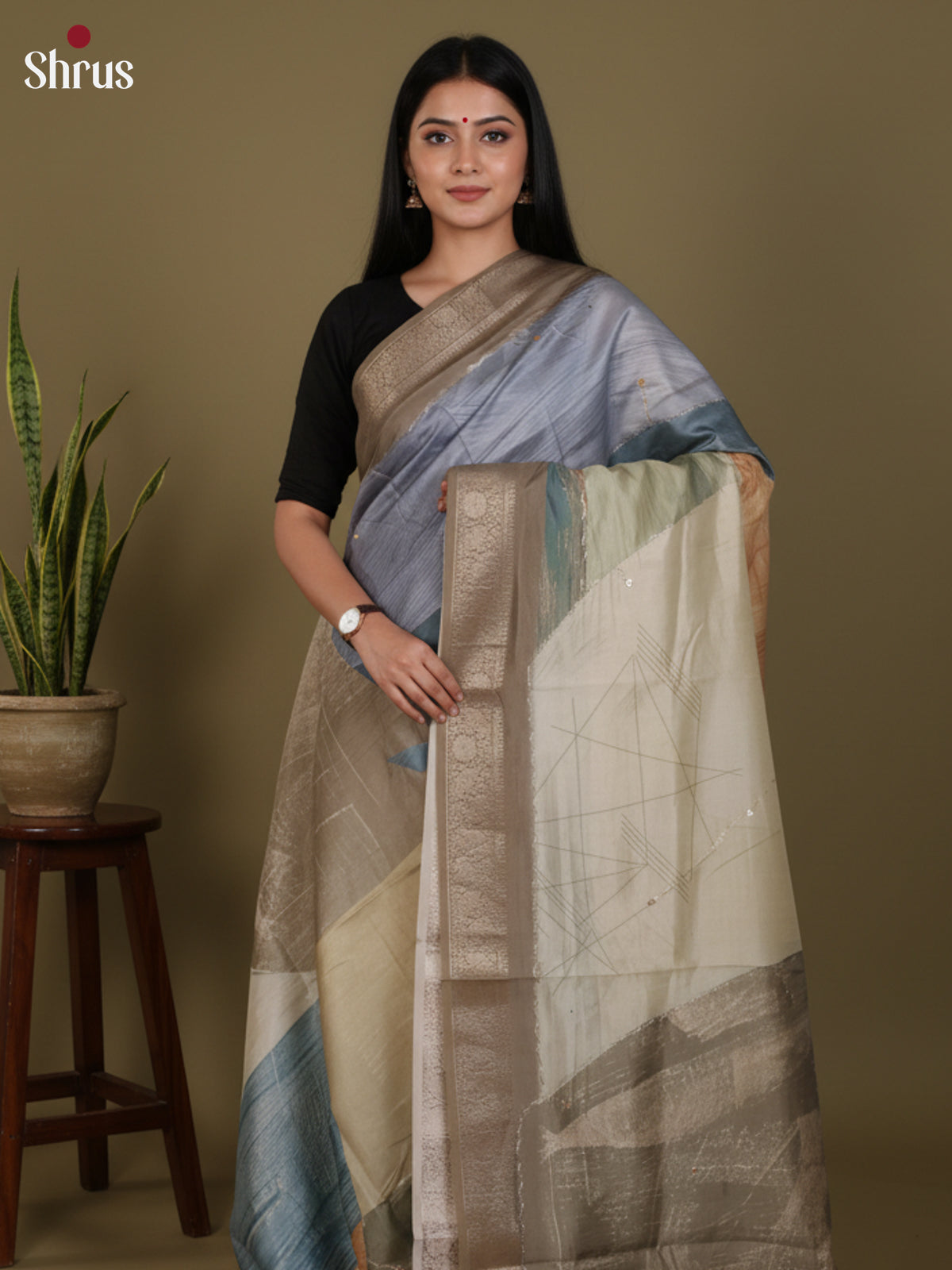 DJS25203 - Printed Semi Tussar Saree - Shop on Shrus.com