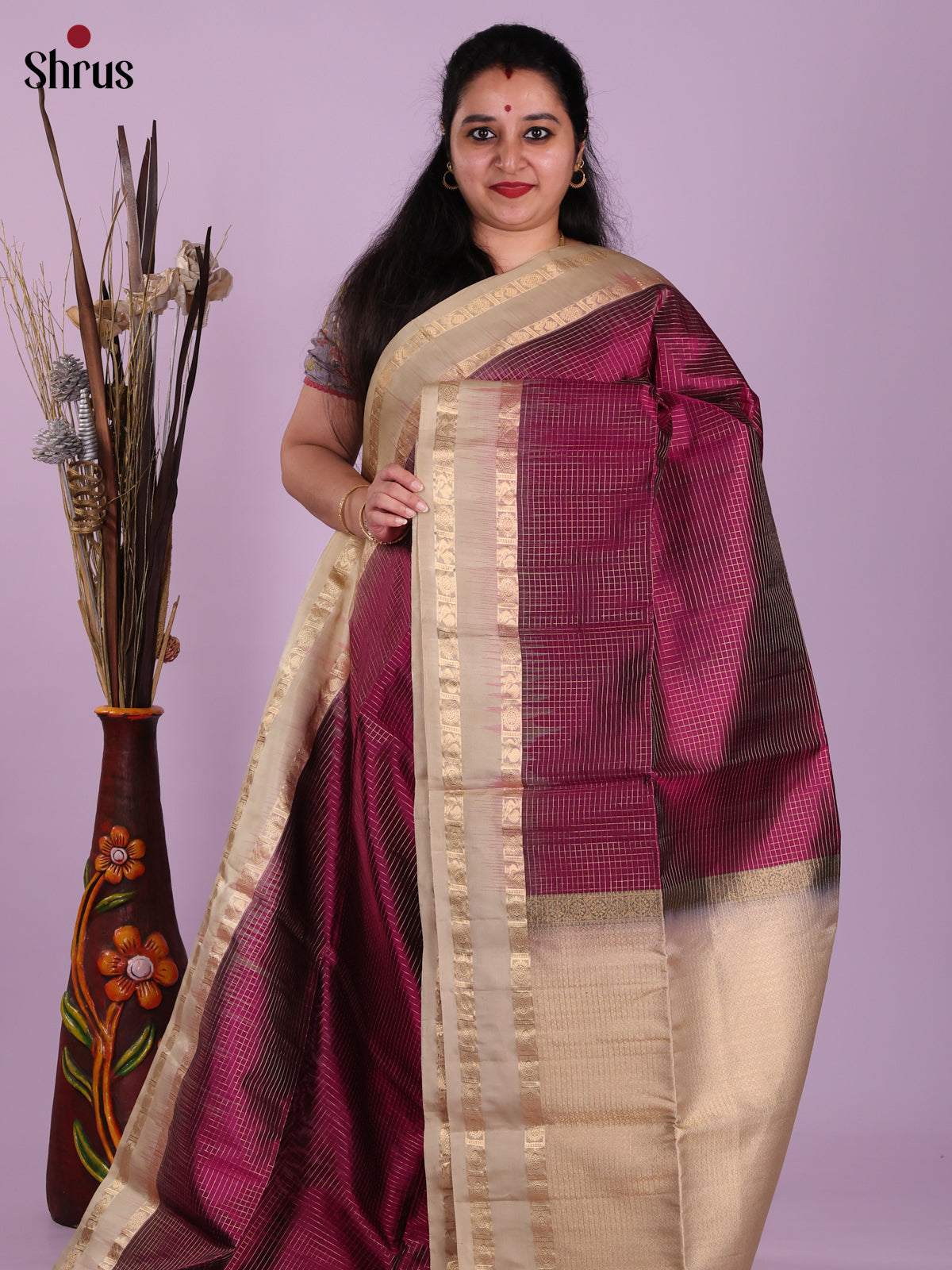 Classic Maroon & Grey Soft Silk Saree with zari checks, rettaipet border