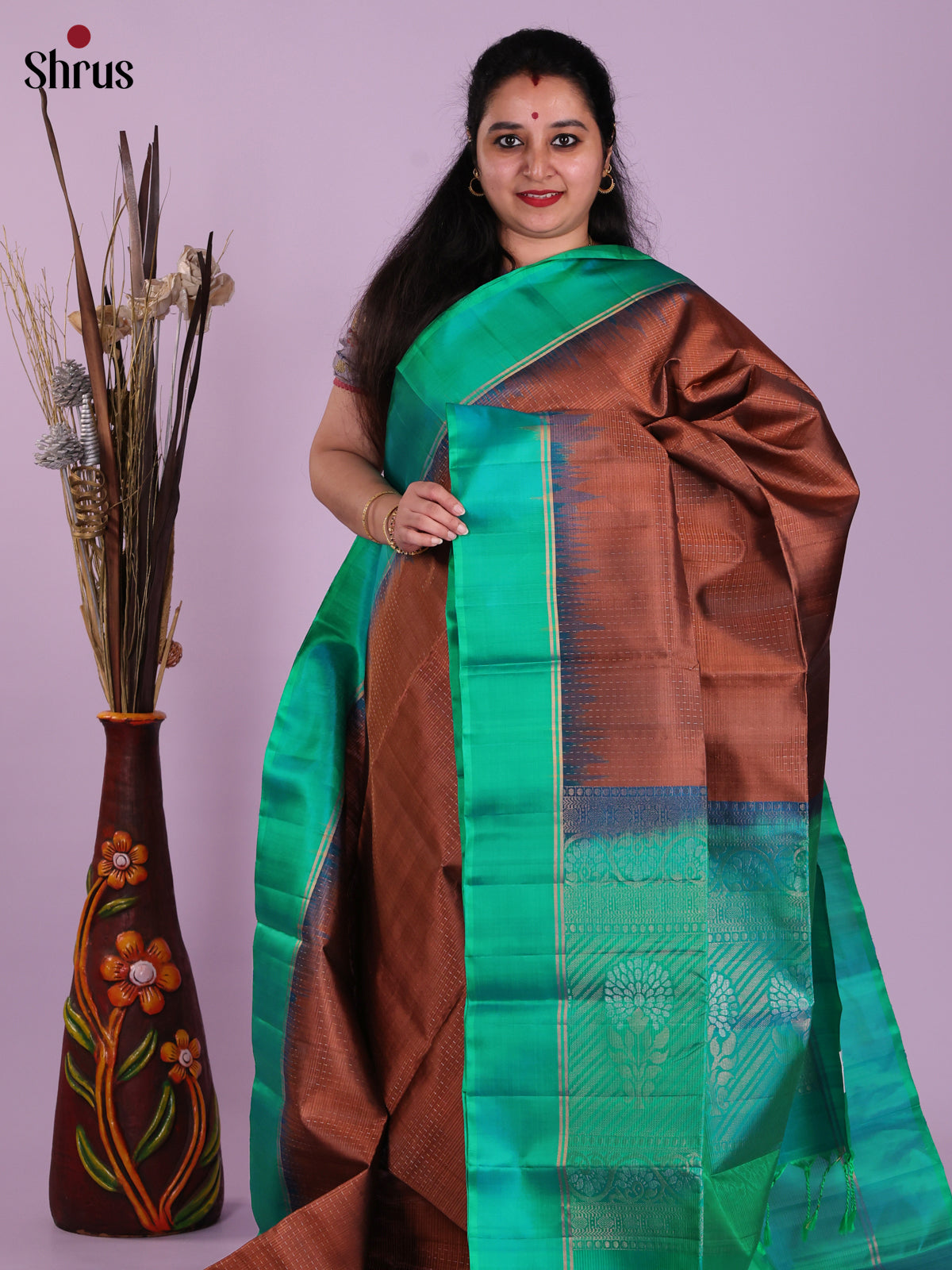 Regal Brown & Green Soft Silk Saree with zari stripes & Brocade pallu