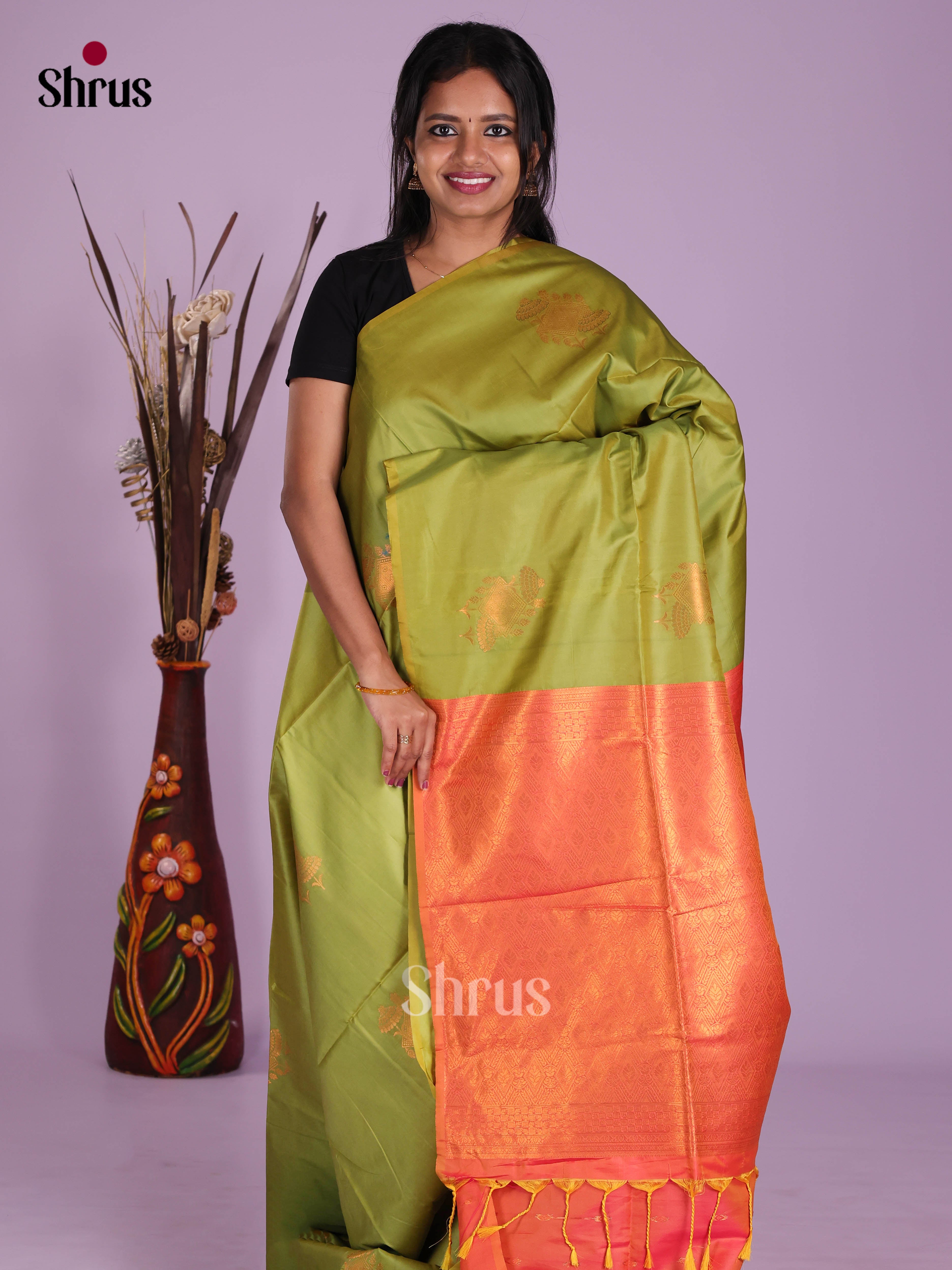 Green & Orange - Semi Softsilk Saree
