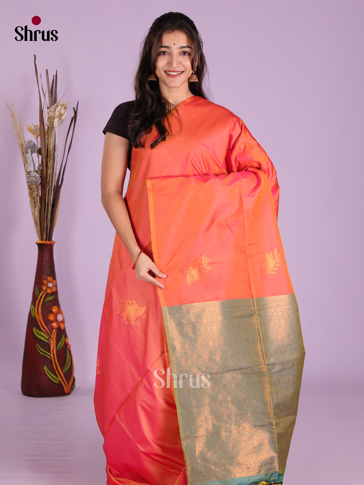 Orangish Pink & Green  - Semi Softsilk Saree