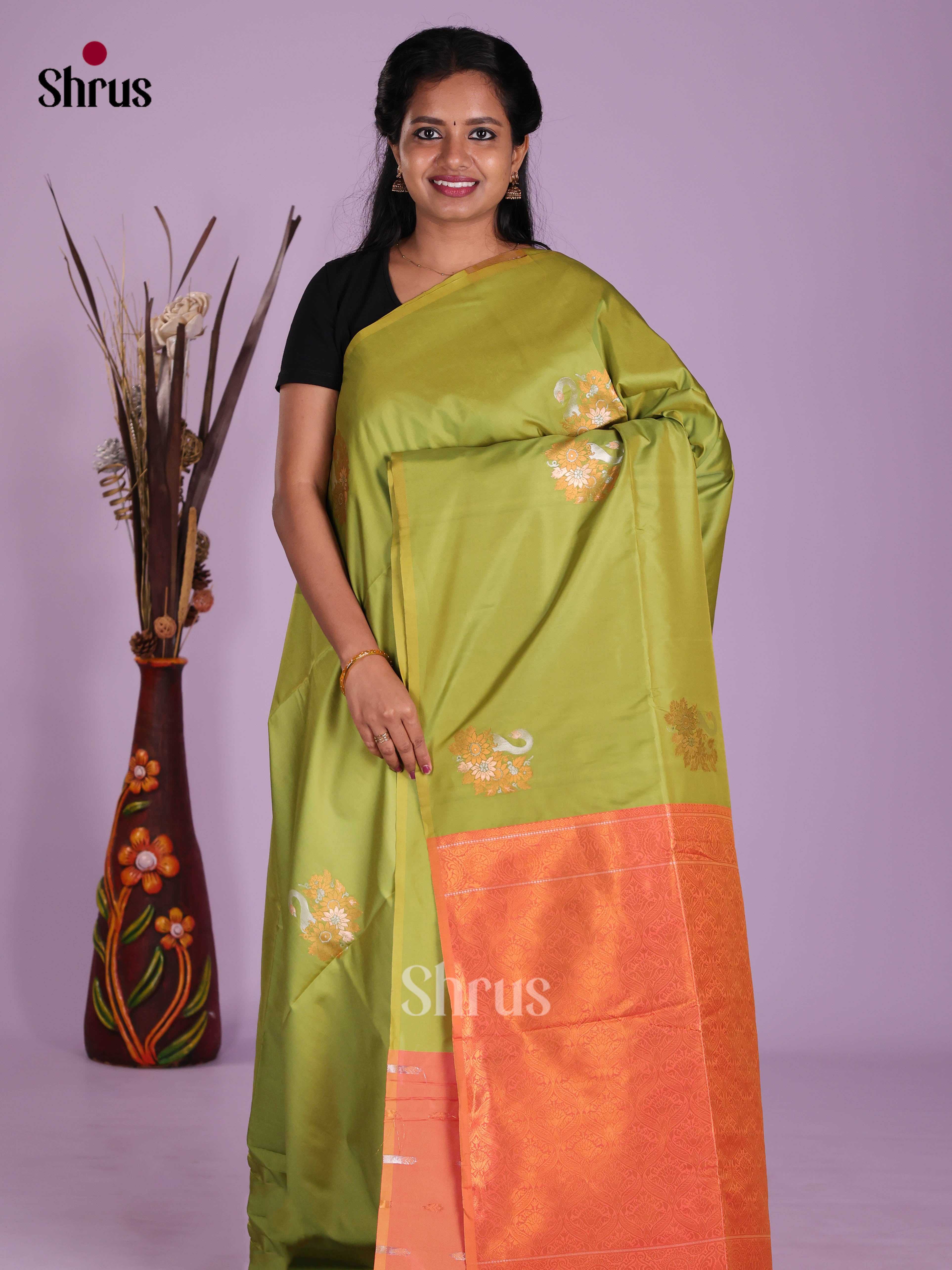 Light Green & Orange - Semi Softsilk Saree