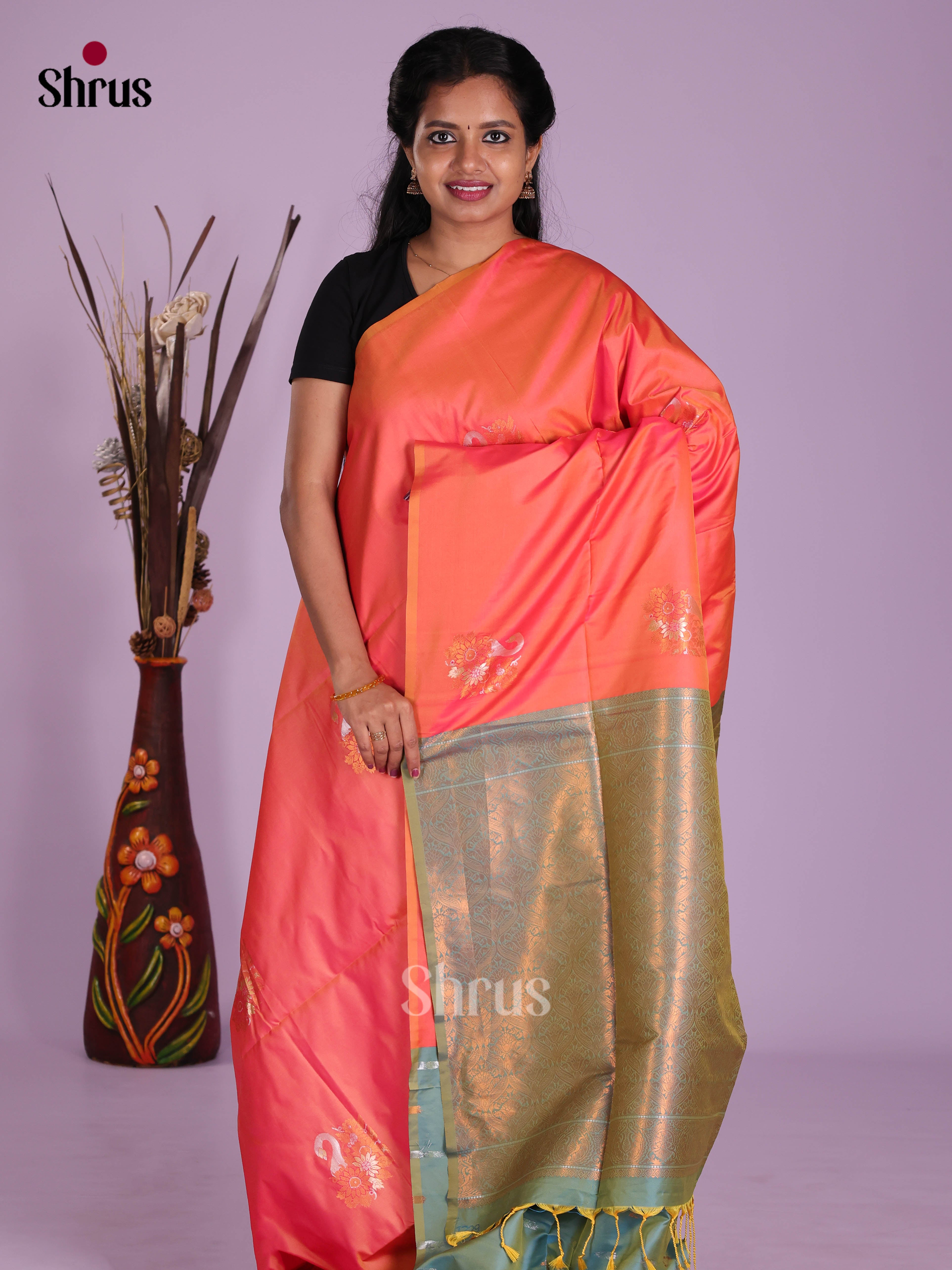 Orangish Pink & Green- Semi Softsilk Saree