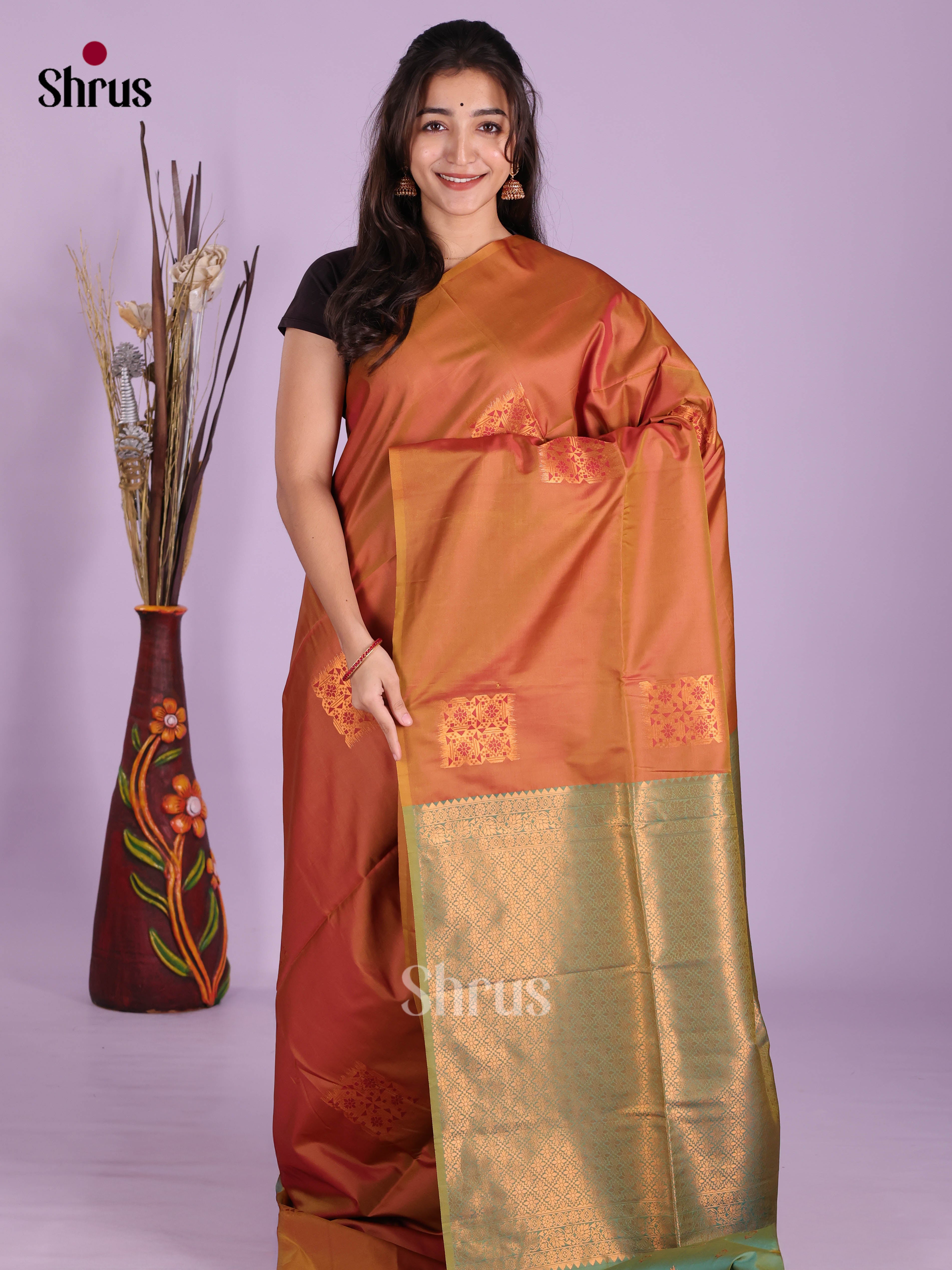 Brick & Green- Semi Softsilk Saree