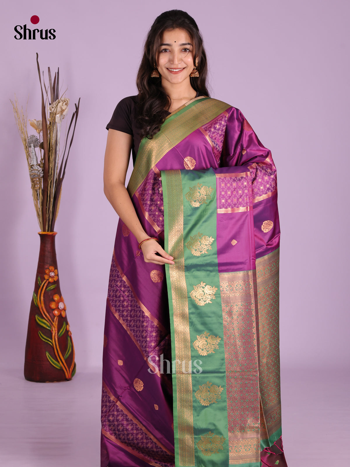 Purple & Green - Semi Softsilk Saree
