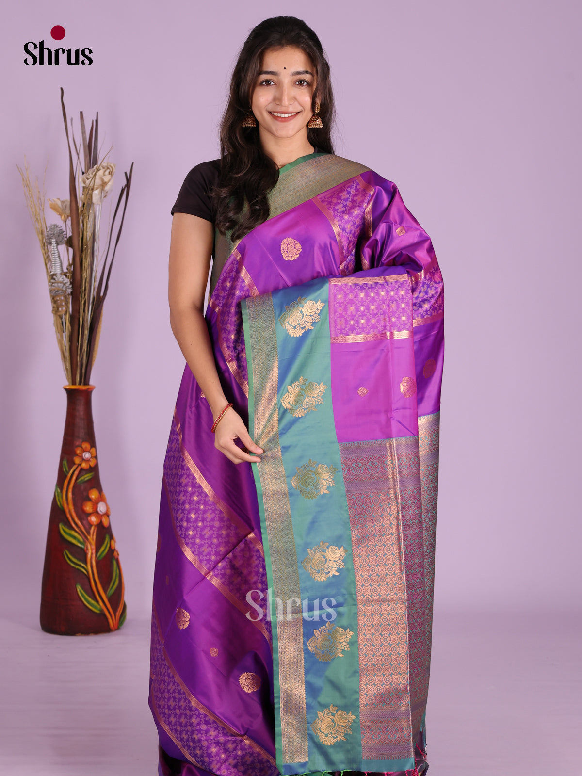 Purple & Blue - Semi Softsilk Saree