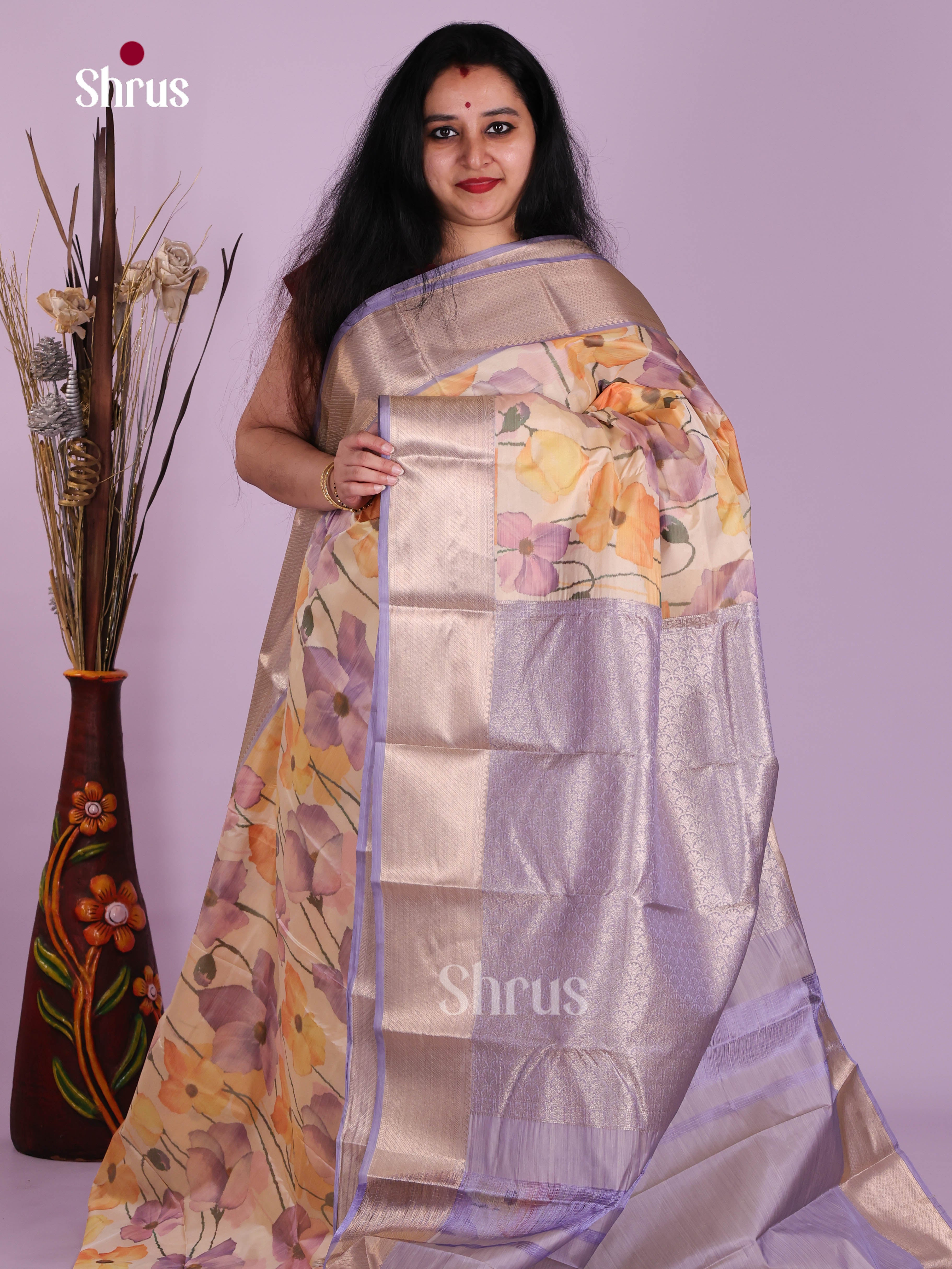 Cream & Lavender - Kanchipuram-halfpure Saree