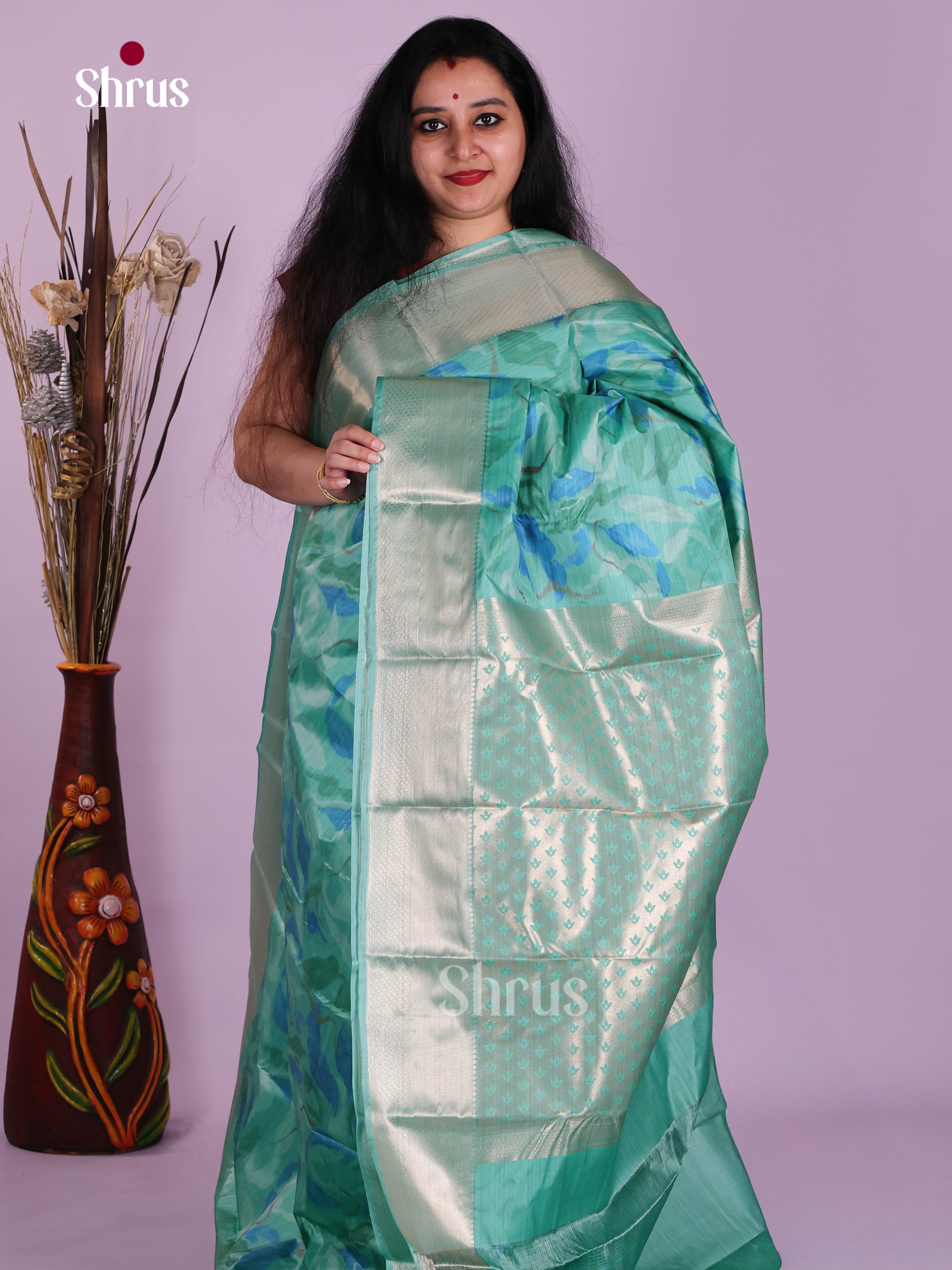 Aqua Green & Blue - Kanchipuram-halfpure Saree