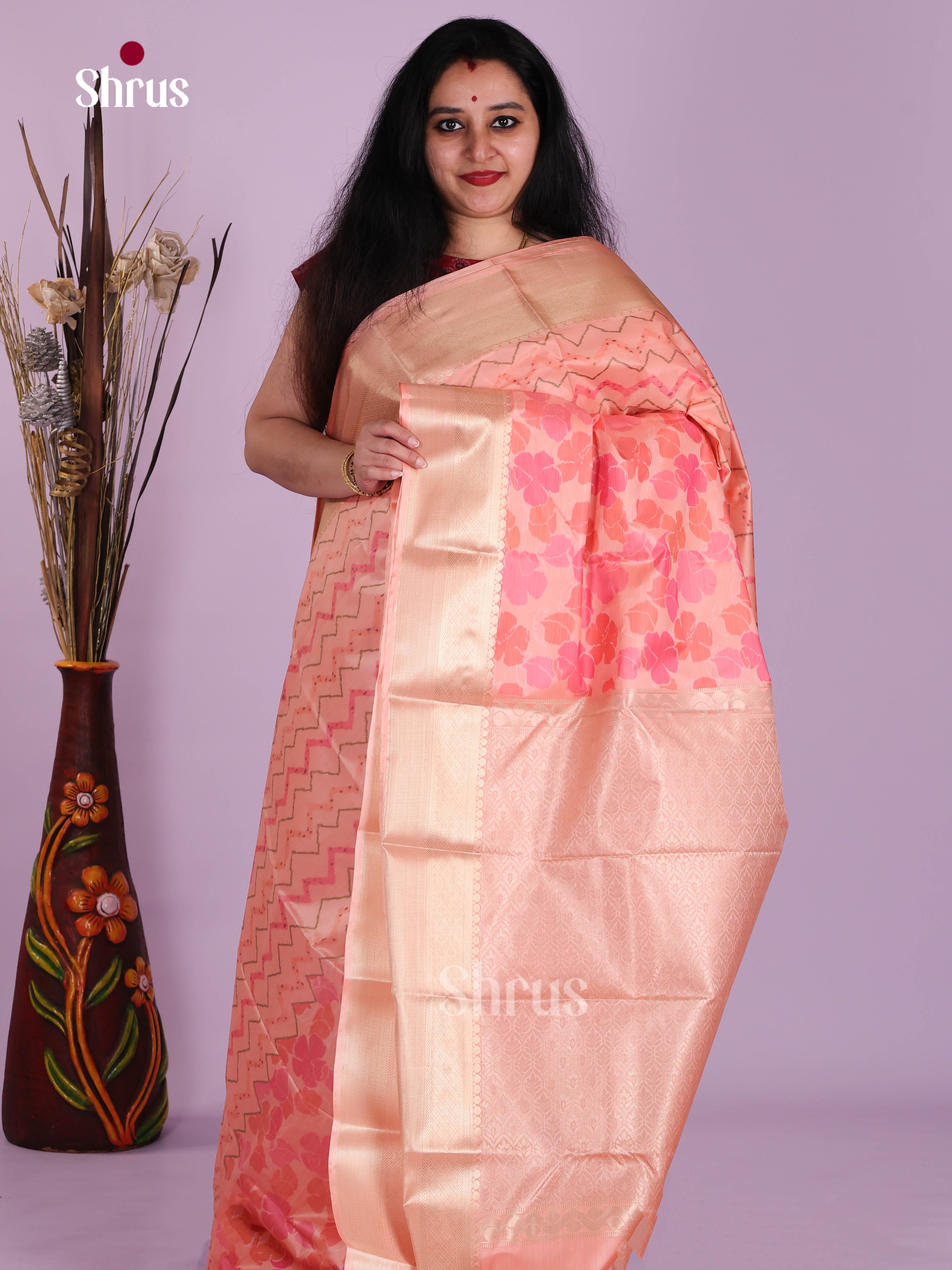 Peachish Pink - Kanchipuram-halfpure Saree