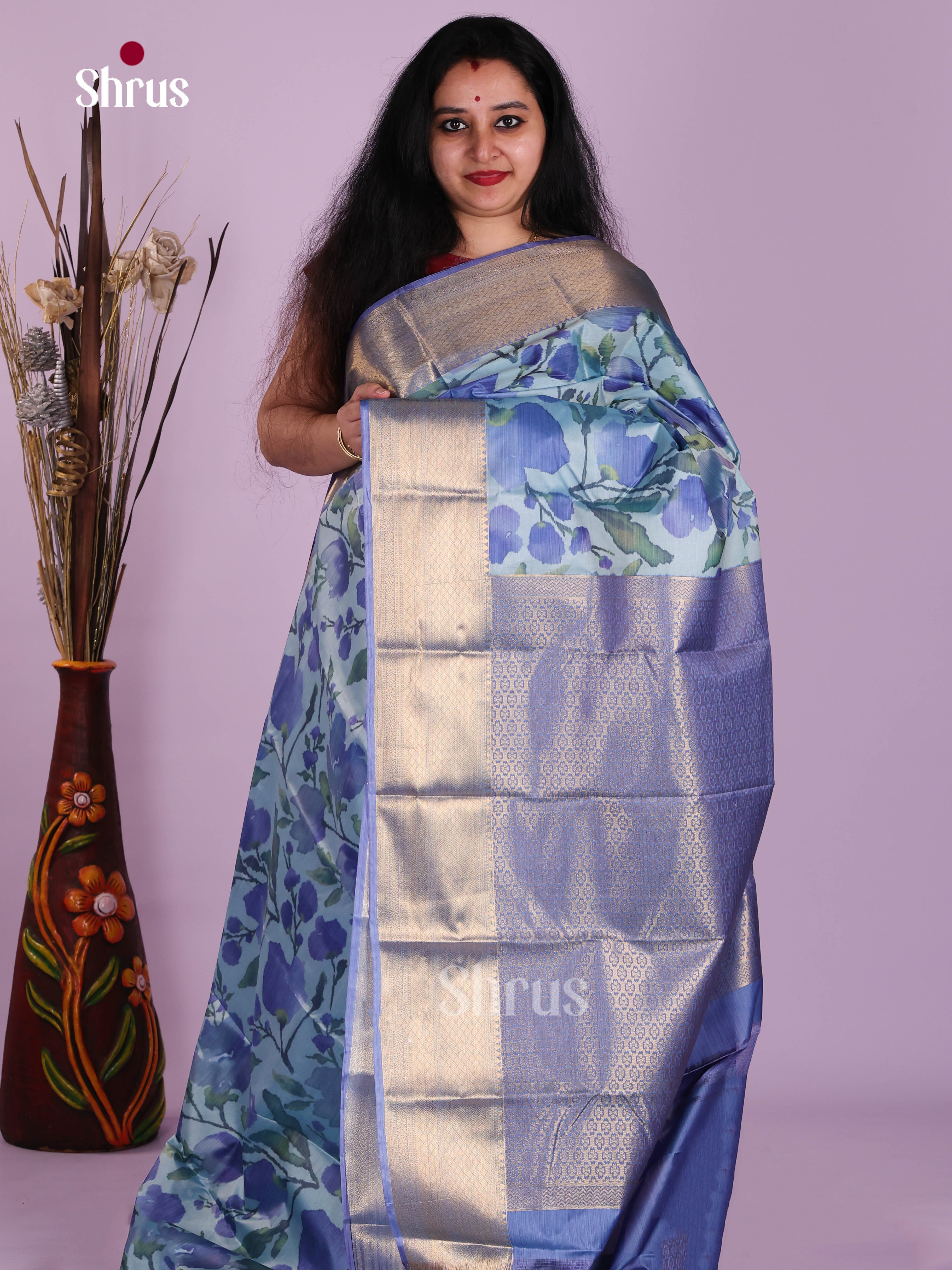 Blue - Kanchipuram-halfpure Saree