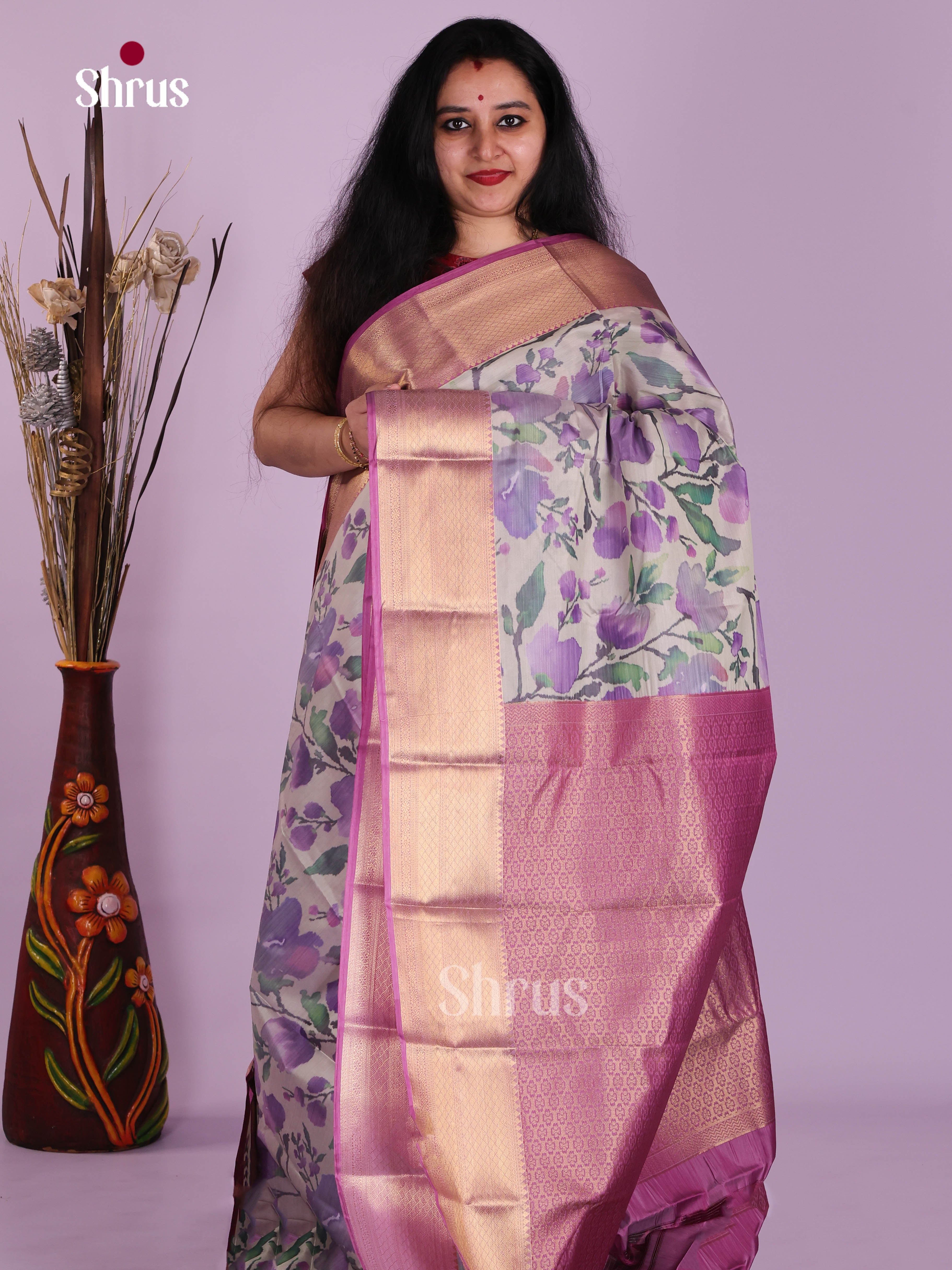 Grey & Purple - Kanchipuram-halfpure Saree
