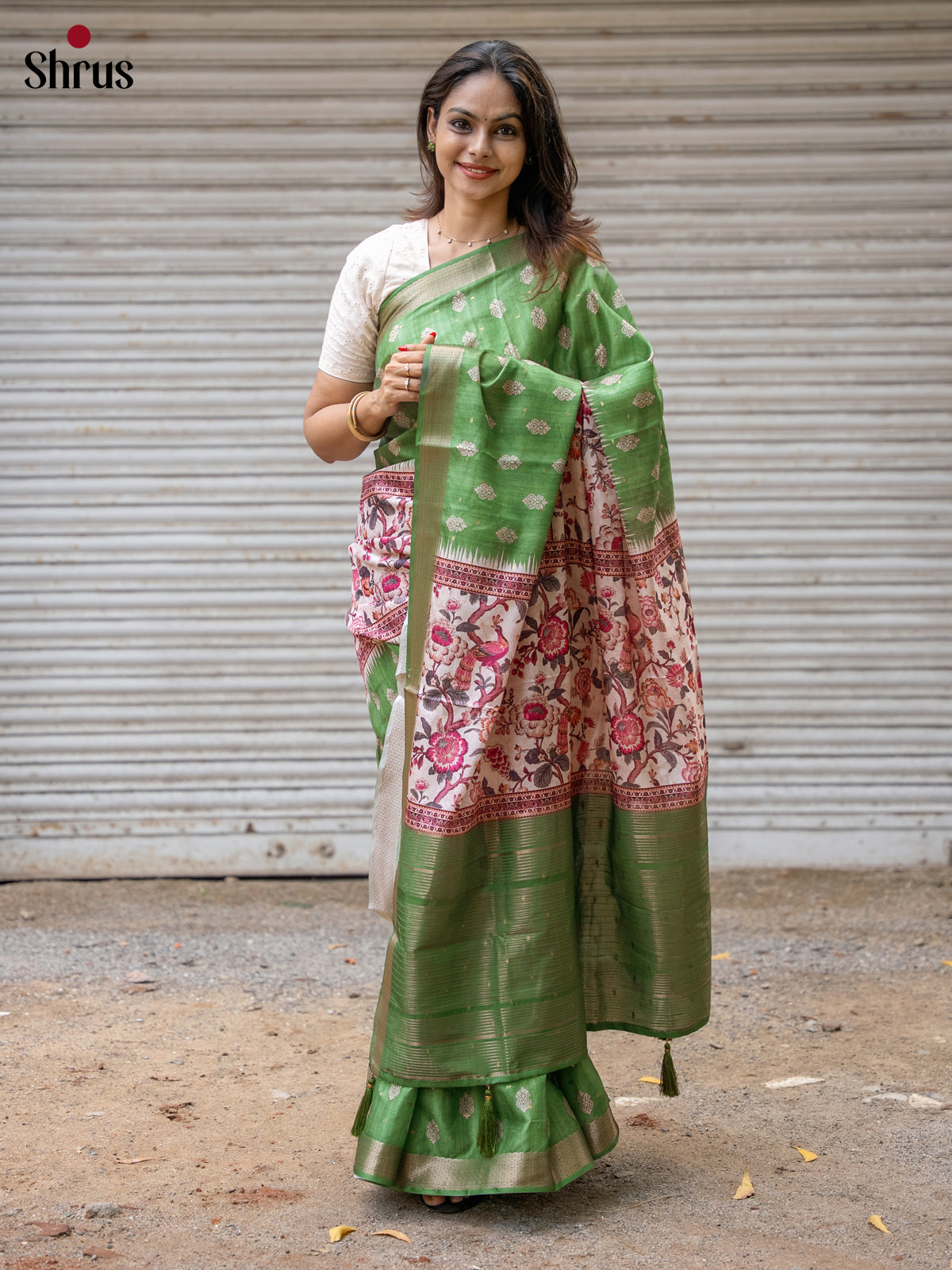 Light Green & Cream - Semi Dola silk Saree