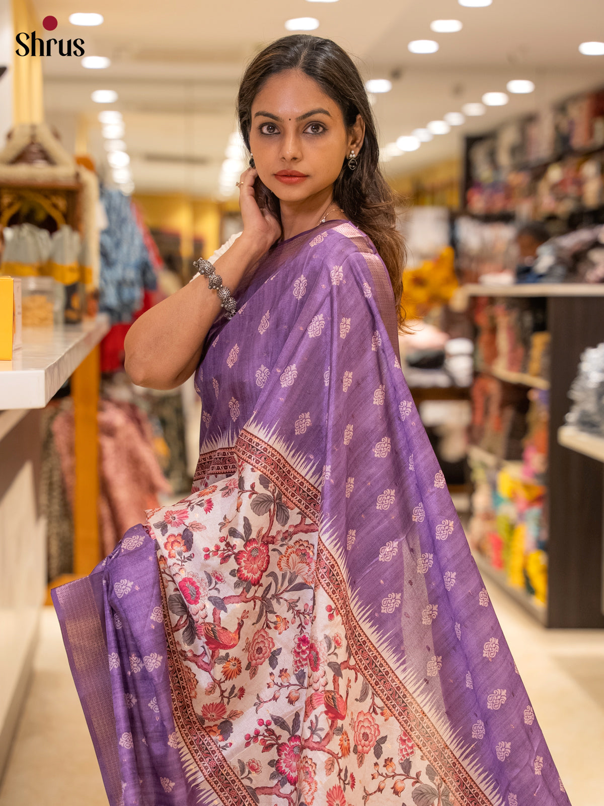 Purple & Cream - Semi Dola silk Saree