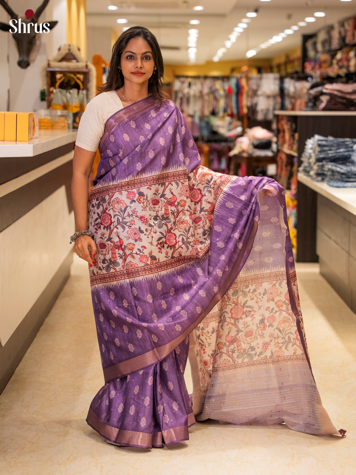 Purple & Cream - Semi Dola silk Saree