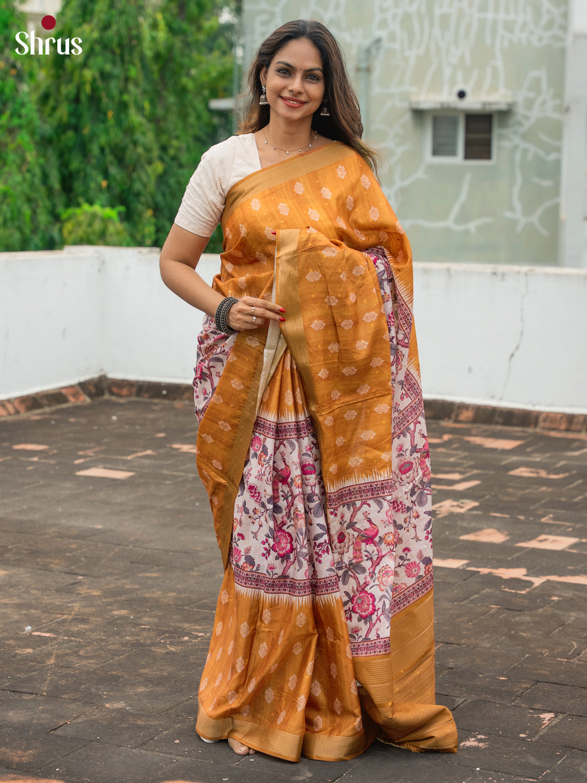 Mustard & Cream- Semi Dola silk Saree