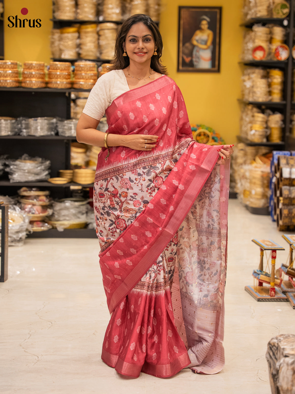 Red & Cream - Semi Dola silk Saree