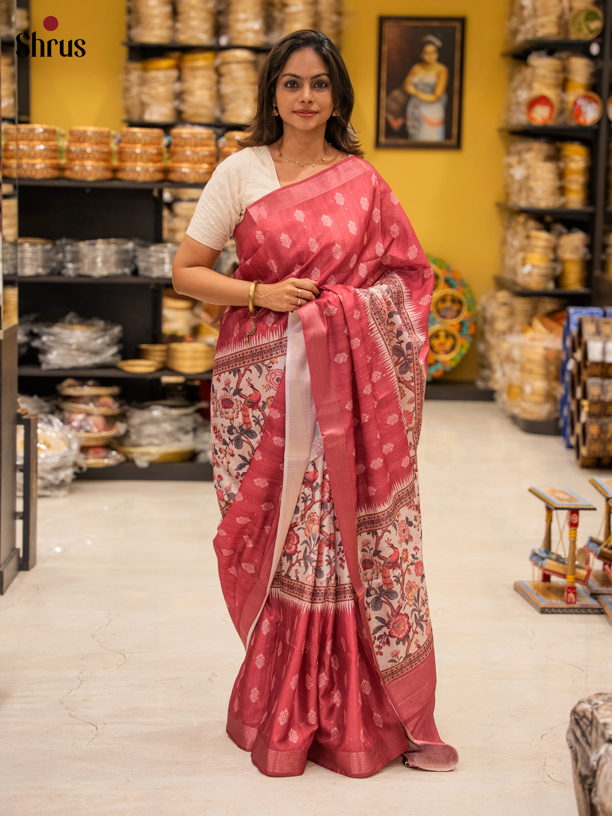 Red & Cream - Semi Dola silk Saree