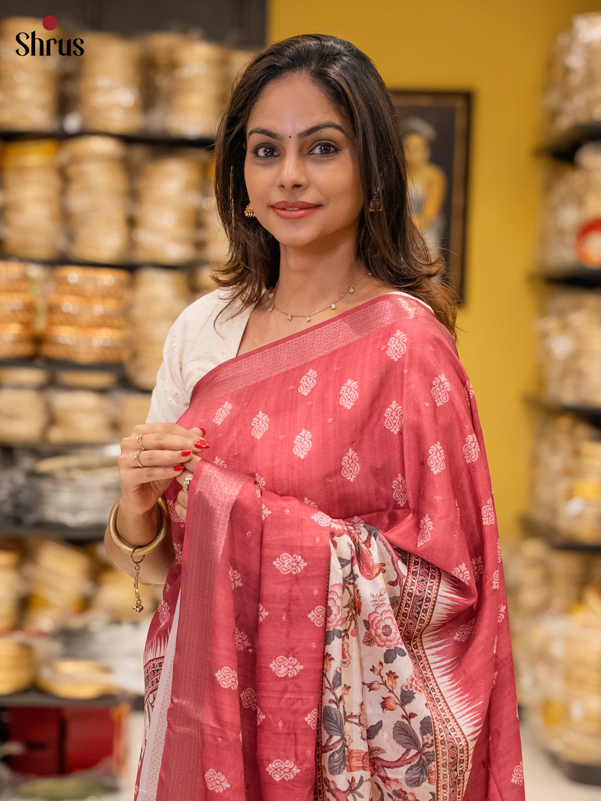Red & Cream - Semi Dola silk Saree
