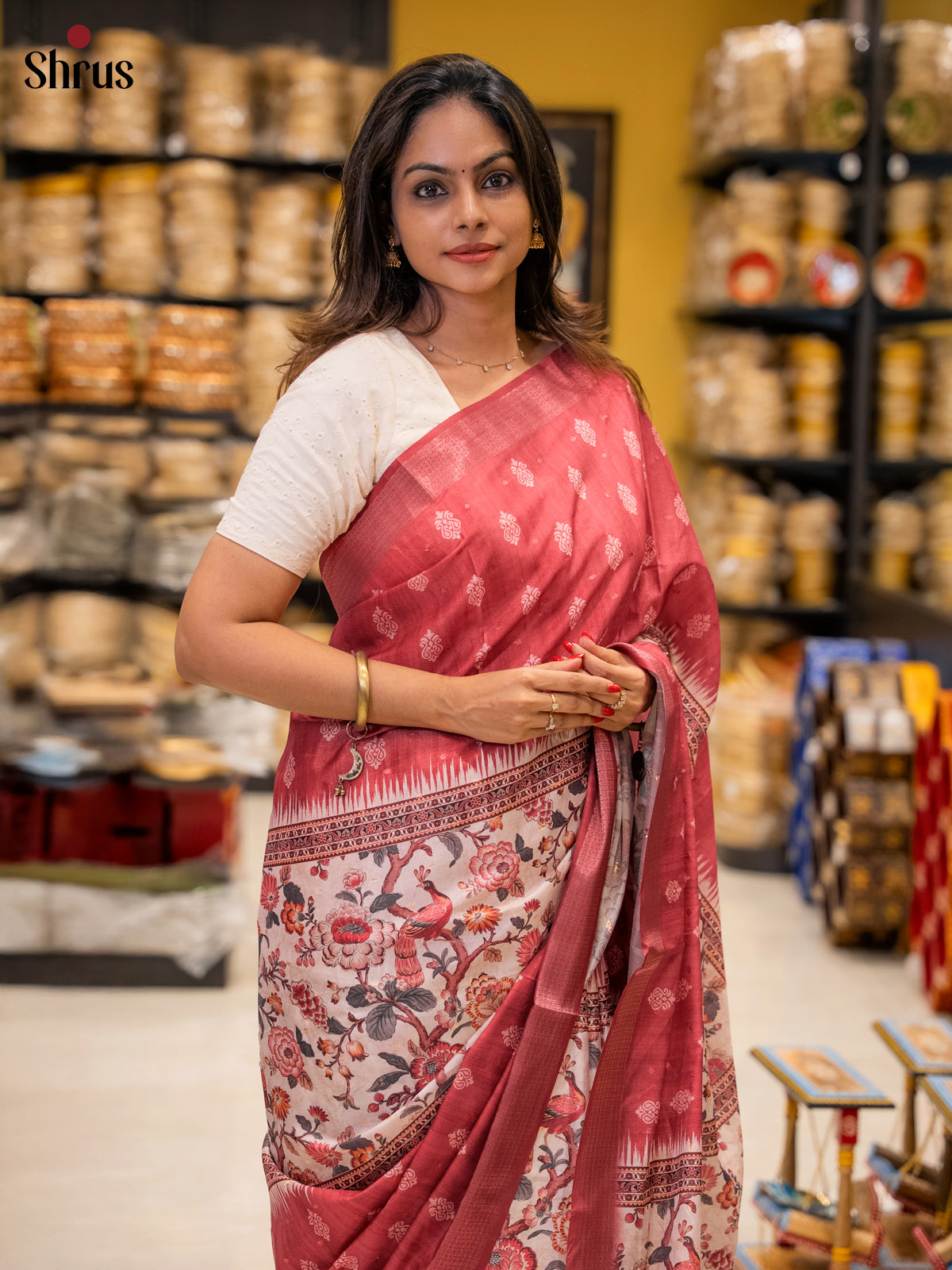 Red & Cream - Semi Dola silk Saree