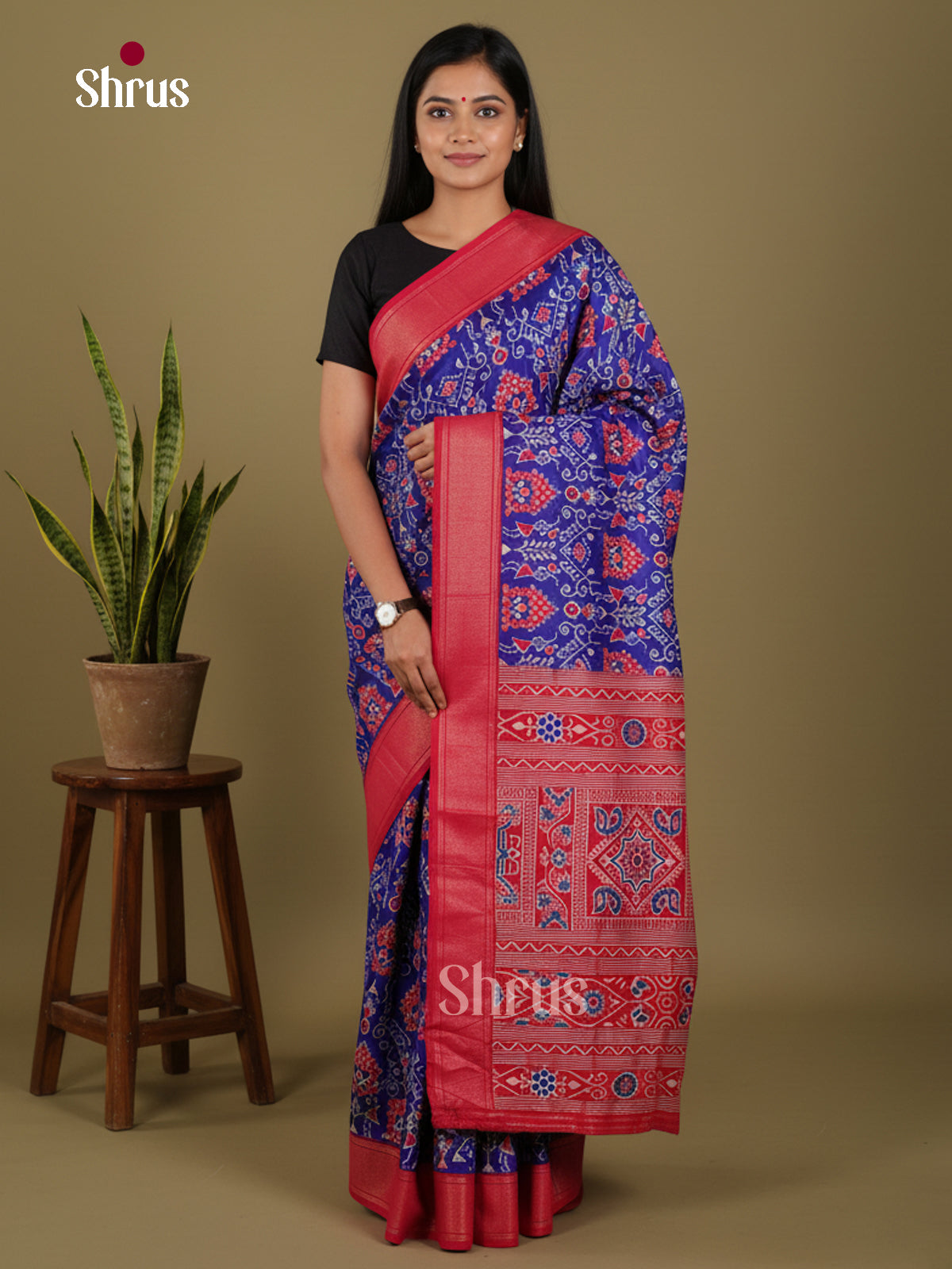 DJS30087 - Semi Ikkat Print Saree - Shop on Shrus.com