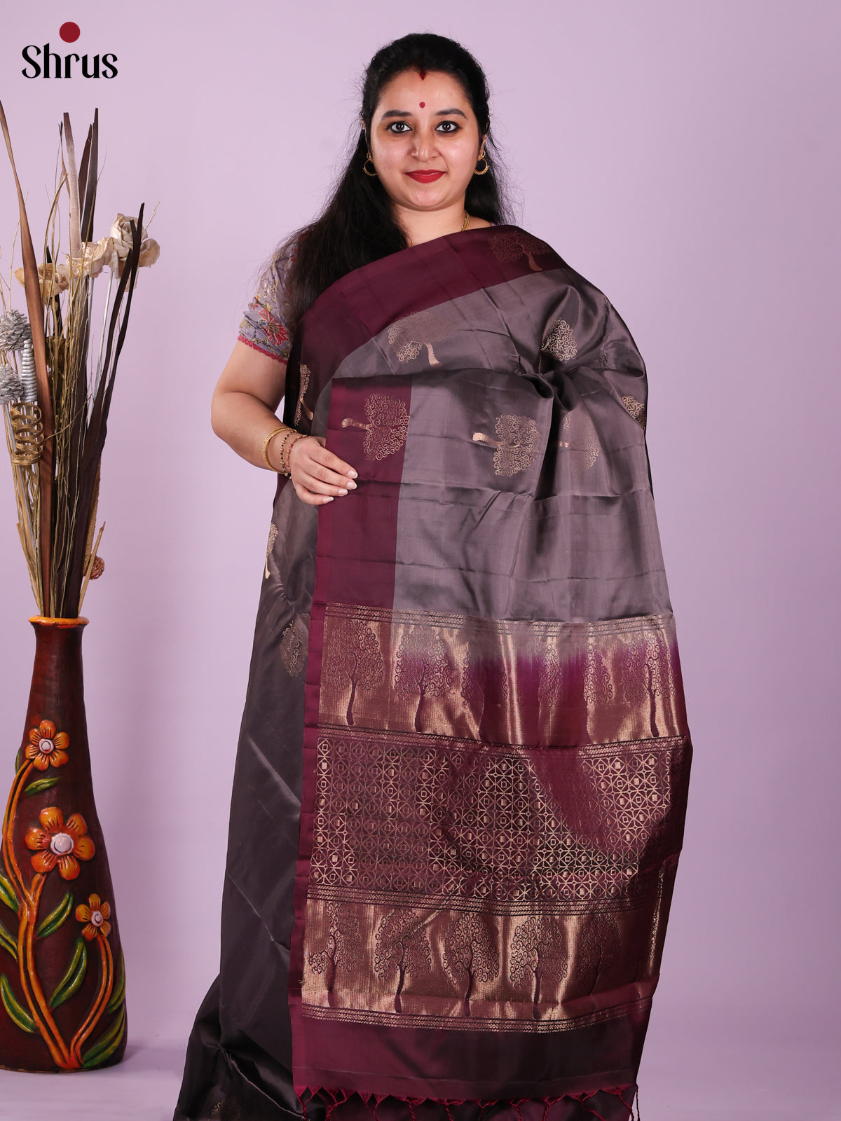Grey & Maroon  - Softsilk-halfpure Saree