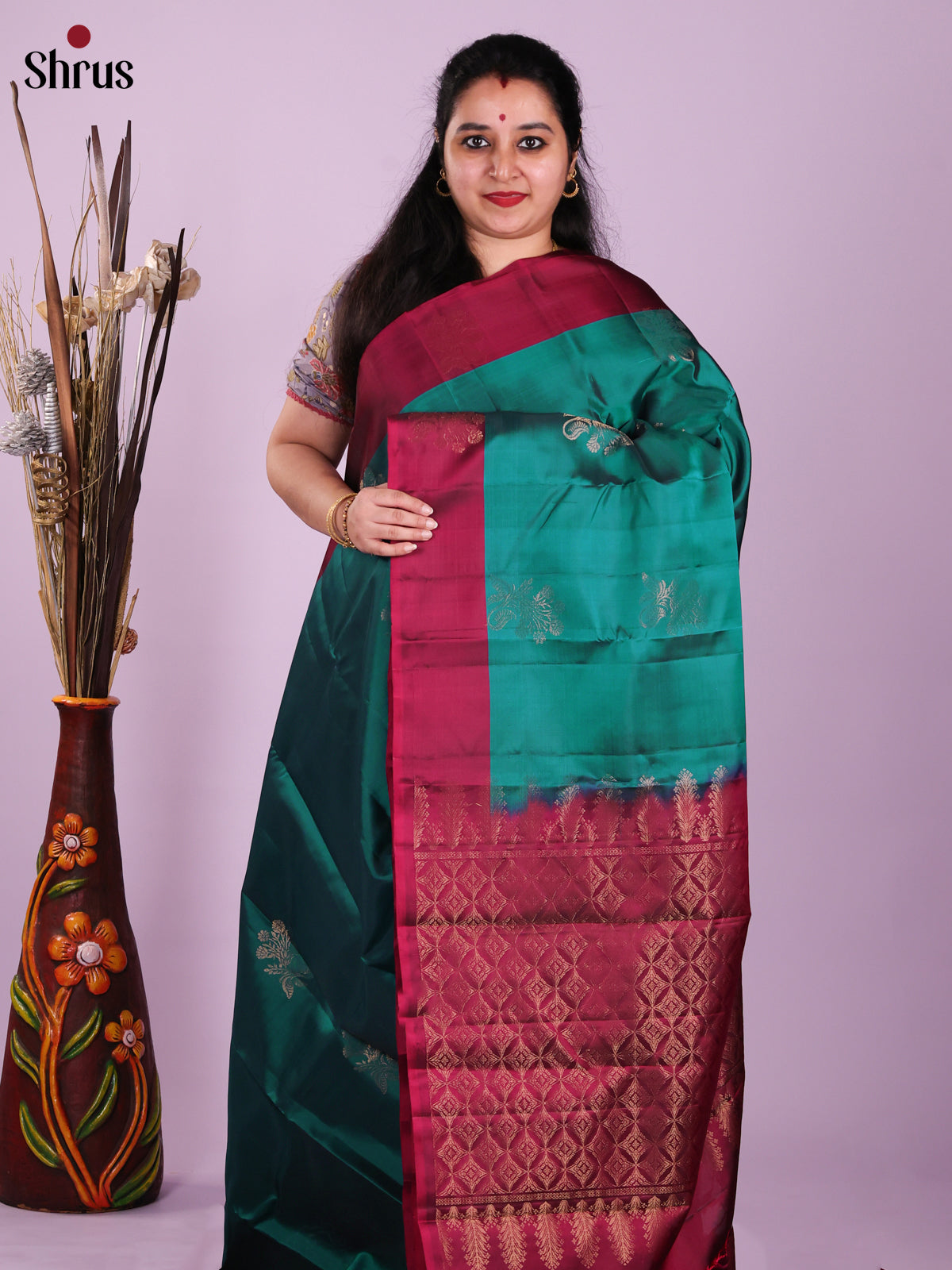 Green  & Maroon- Softsilk-halfpure Saree