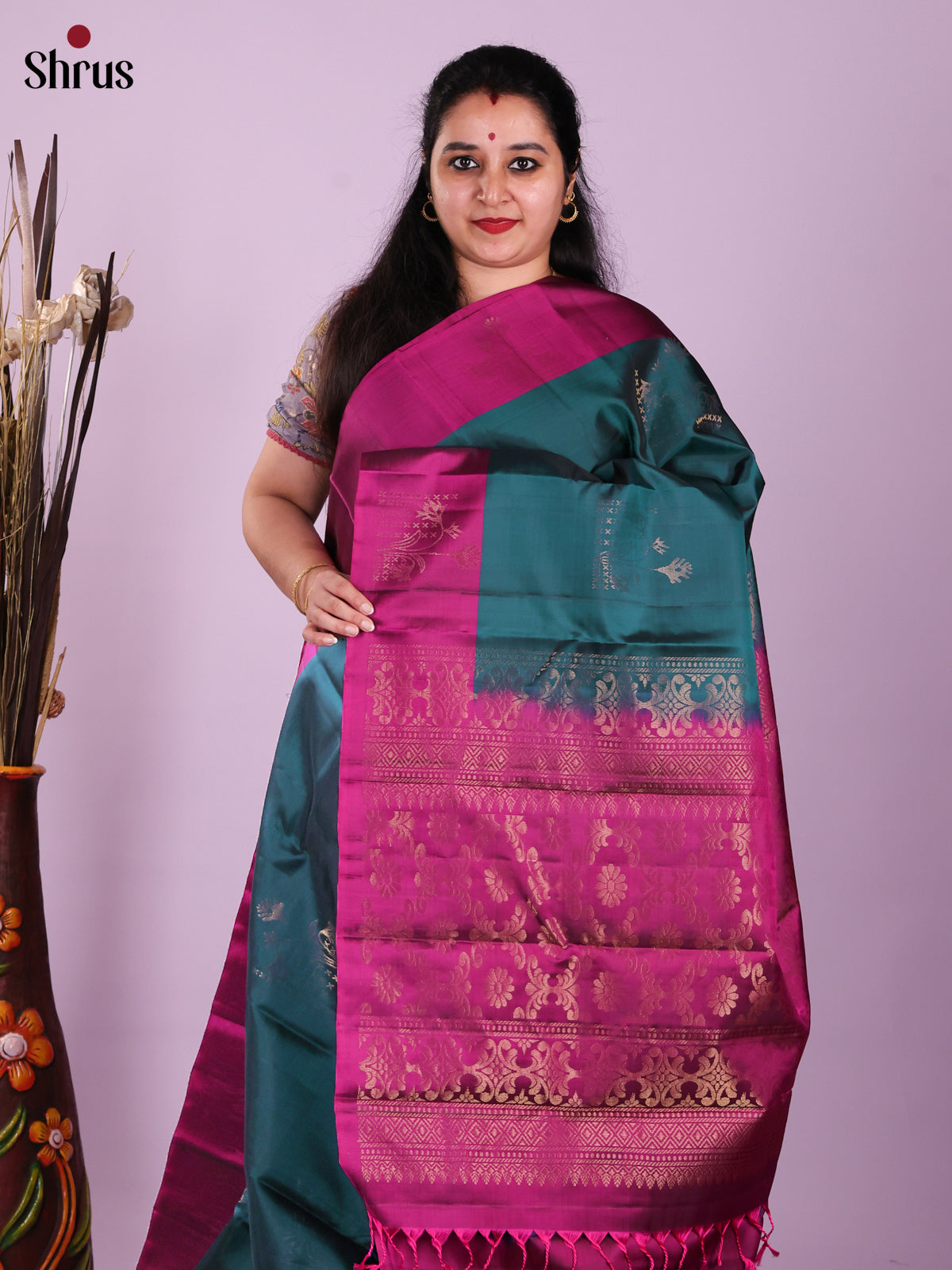 Peacock Green & Purple - Softsilk-halfpure Saree