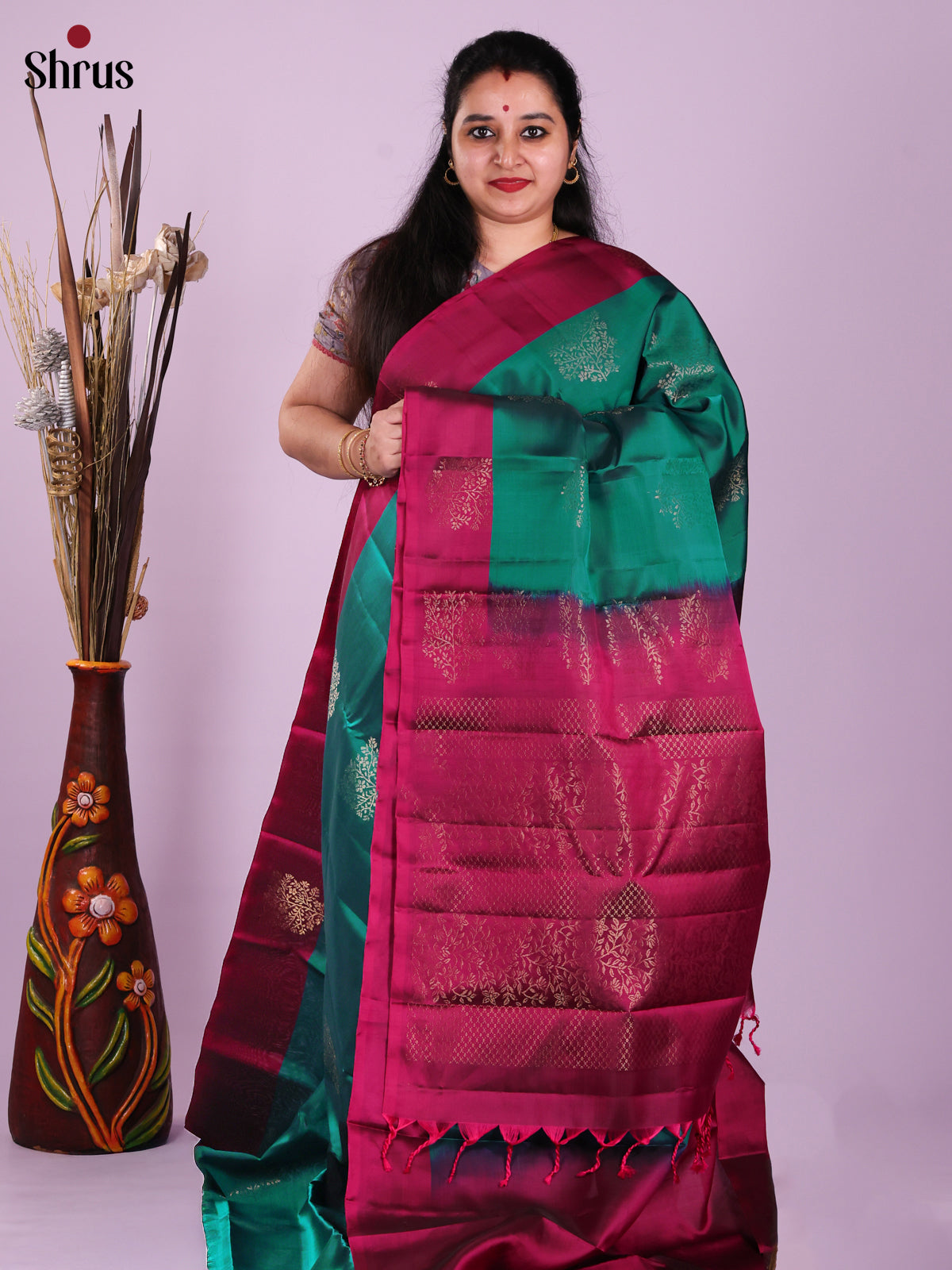 Green & Maroon- Softsilk-halfpure Saree