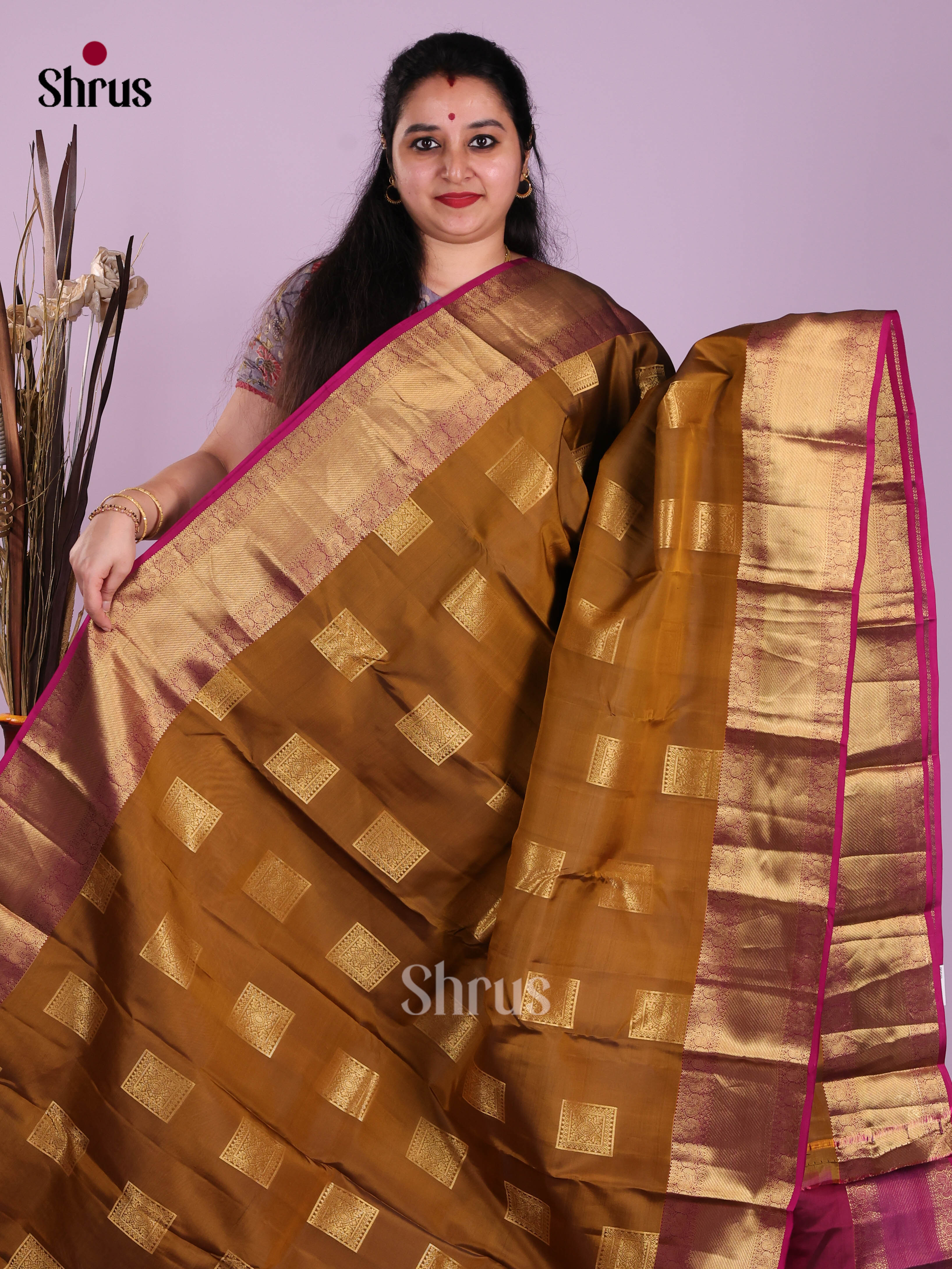 Mehandi & Purple - Kanchipuram-halfpure Saree