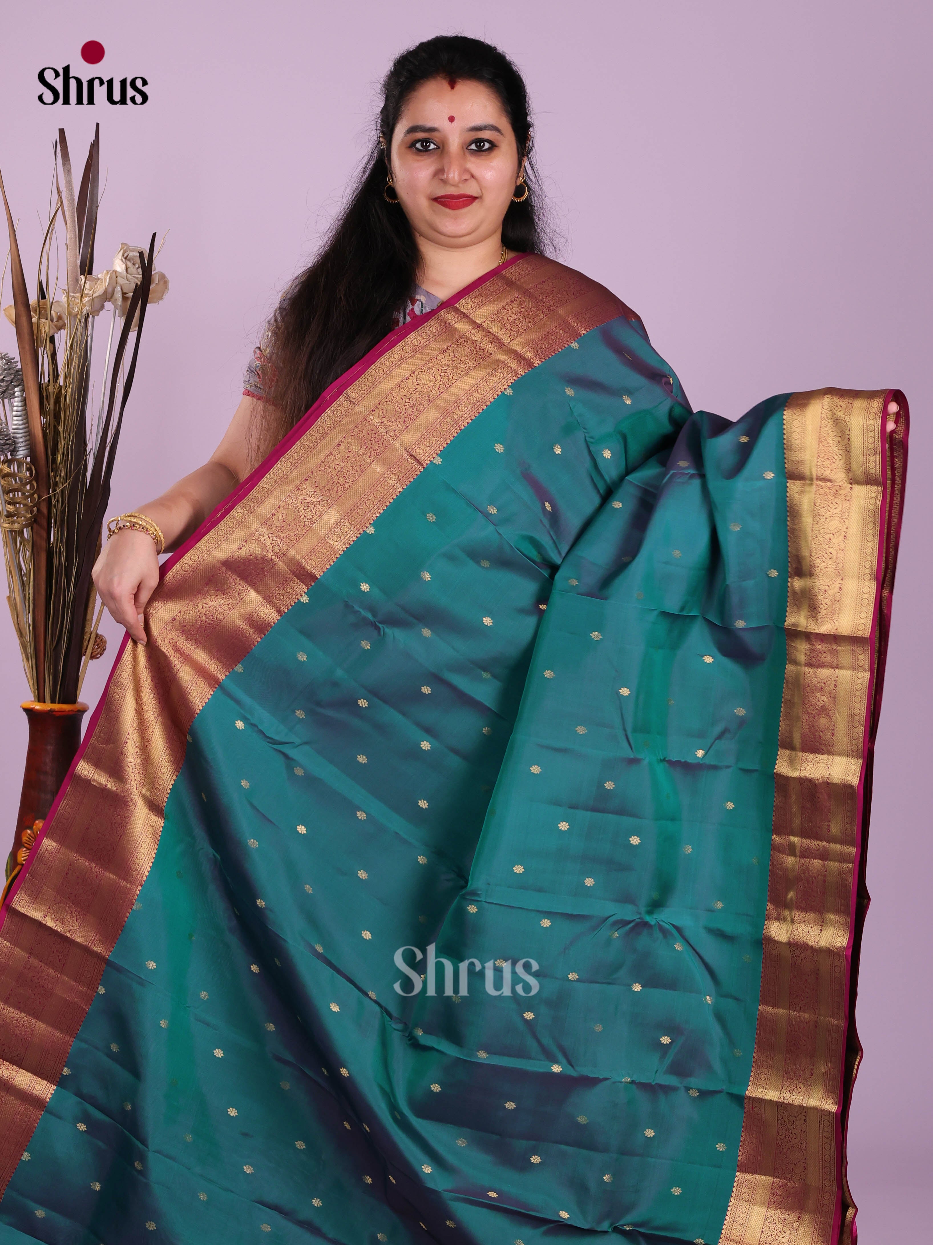 Peacock Green & Maroon - Kanchipuram-halfpure Saree