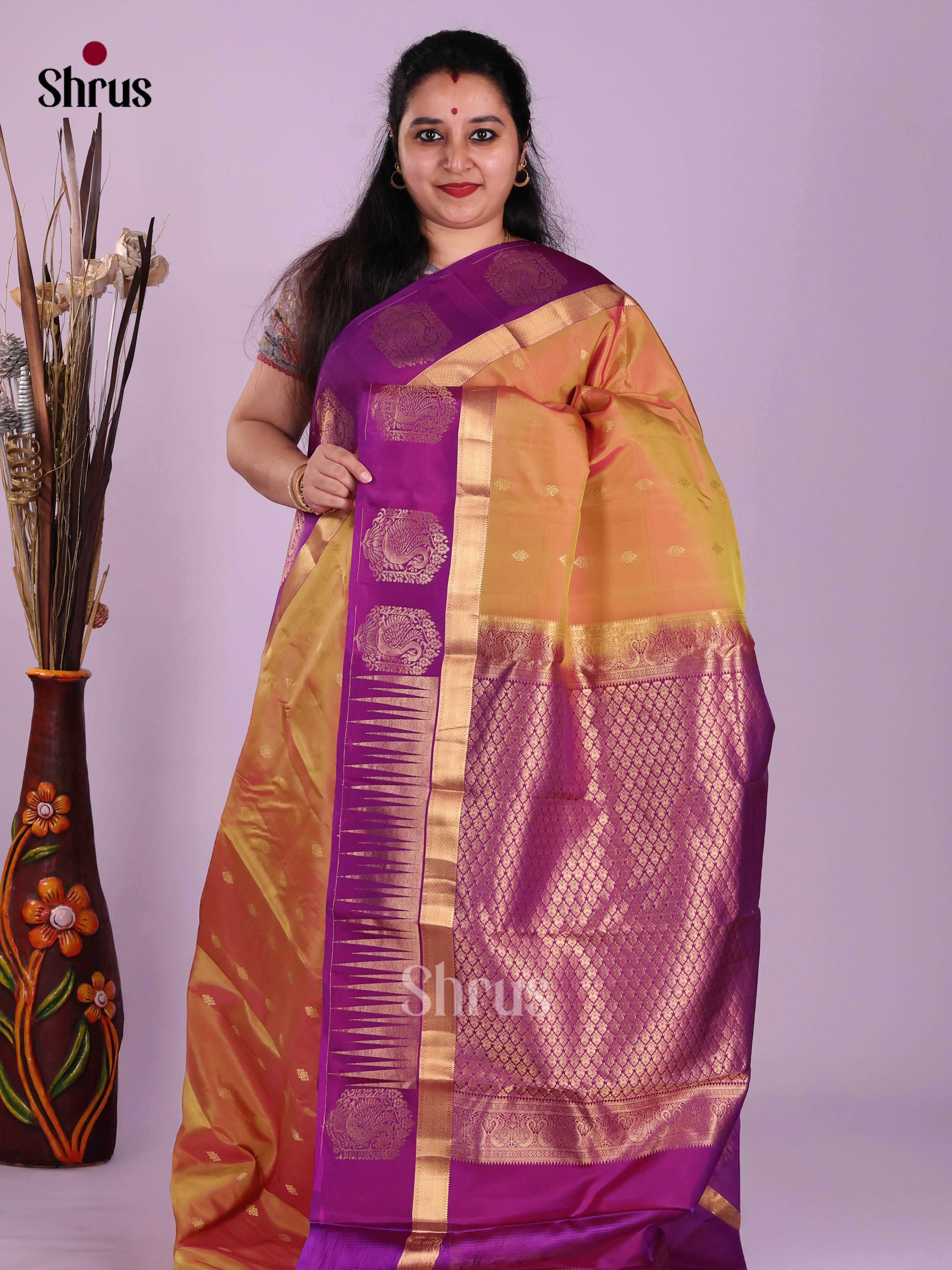 Brick & Purple - Kanchipuram-halfpure Saree