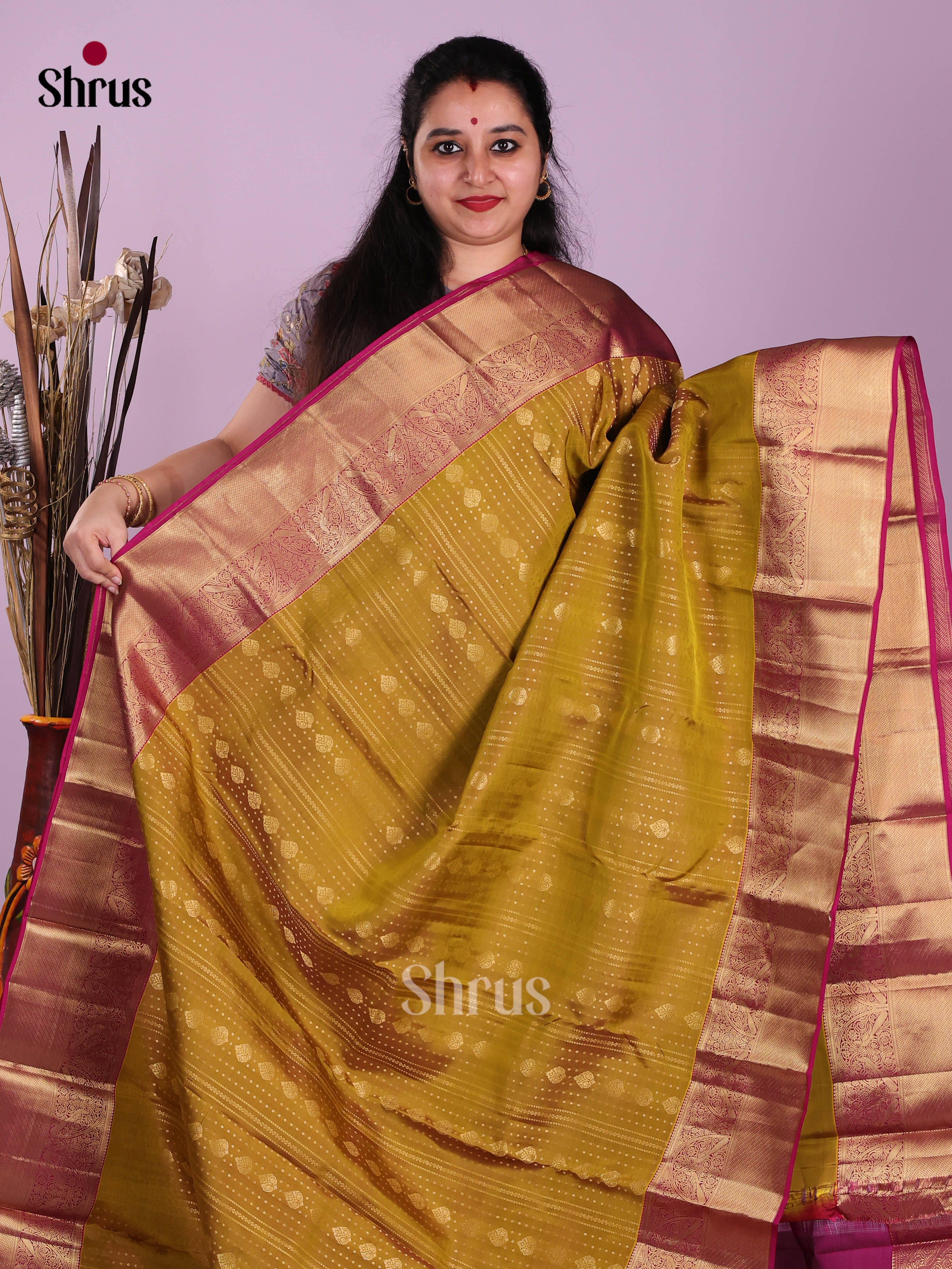 Mehandi & Purple - Kanchipuram-halfpure Saree