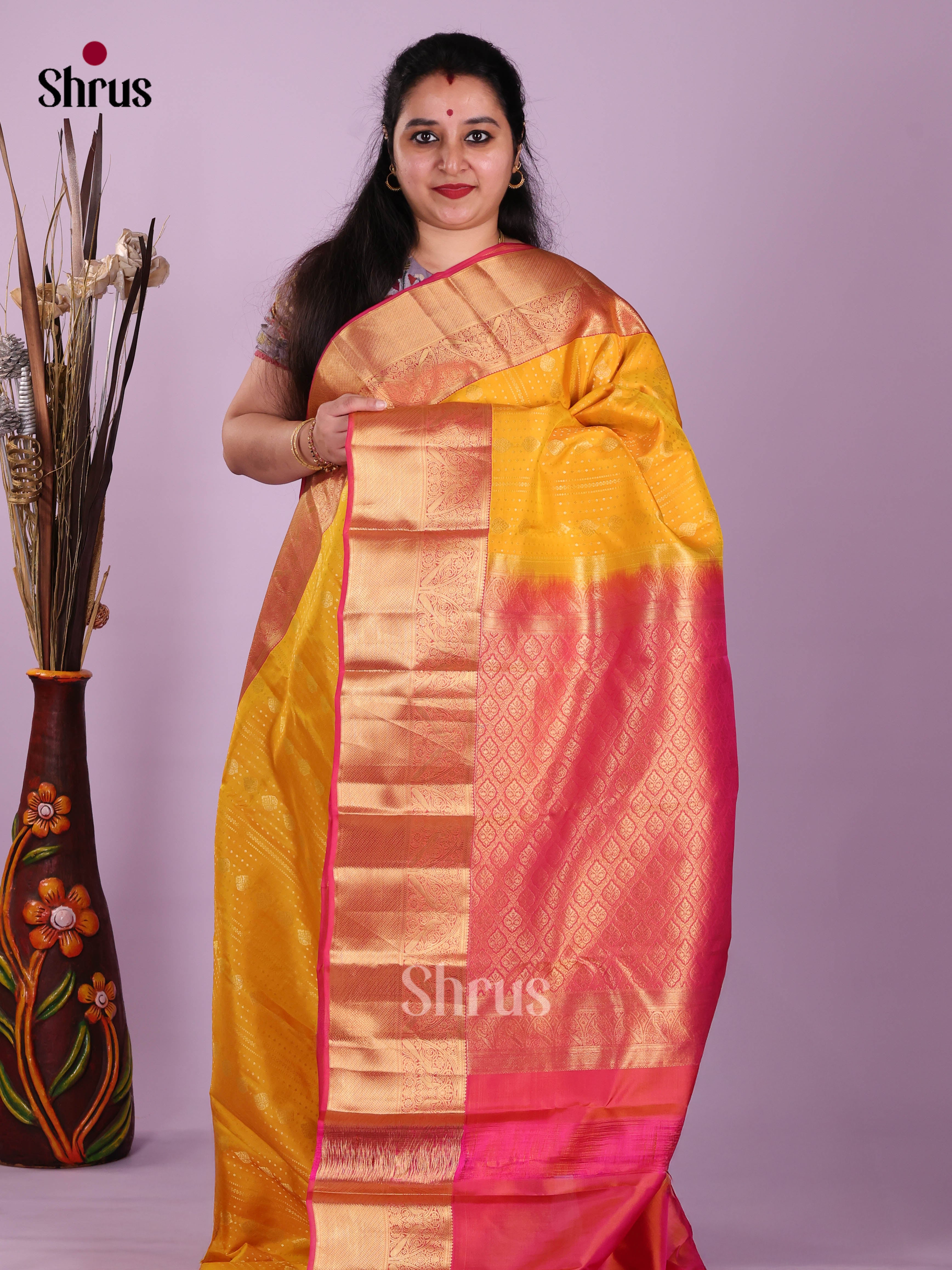 Mustard & Pink - Kanchipuram-halfpure Saree
