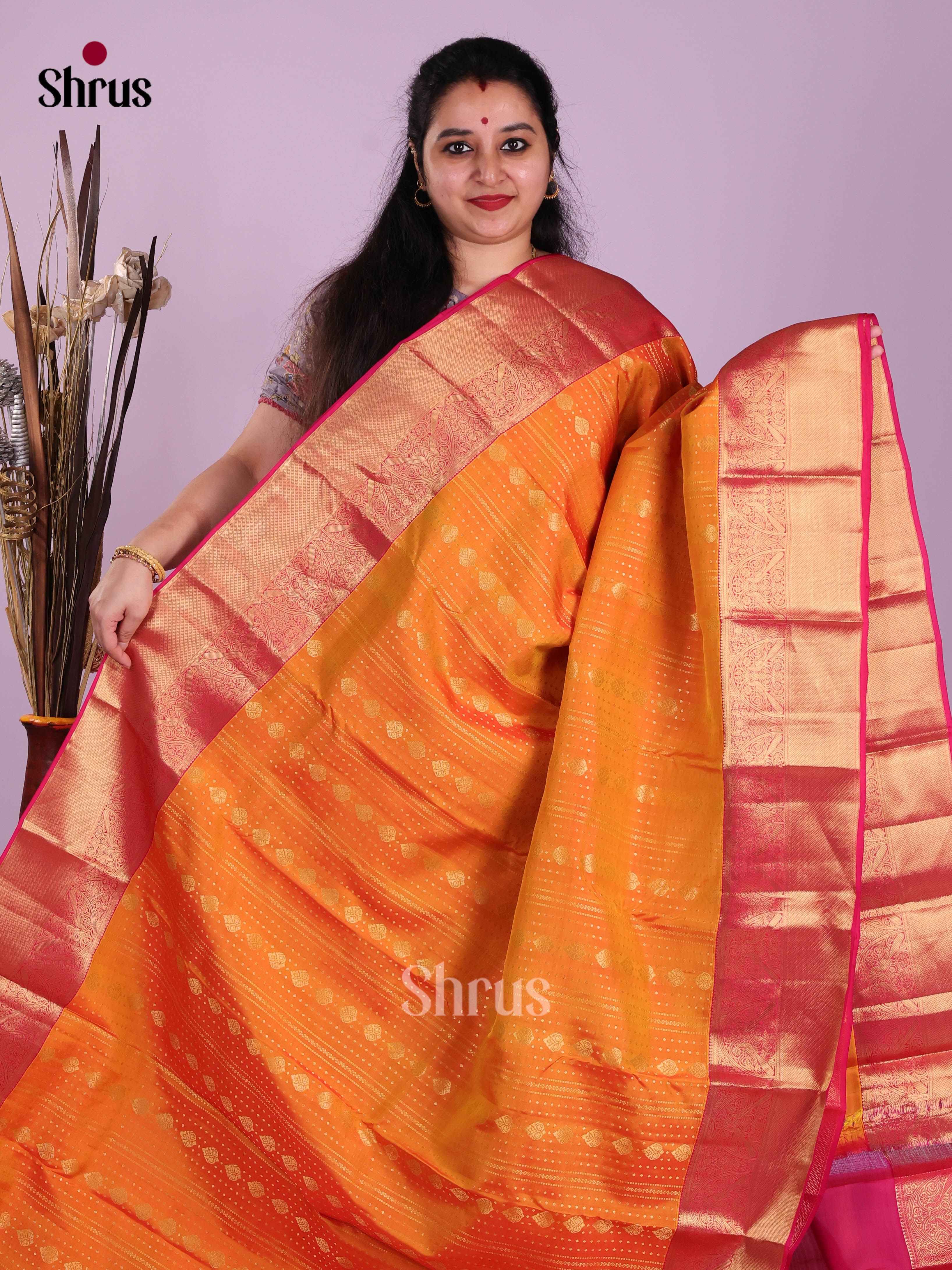 Orange & Pink - Kanchipuram-halfpure Saree