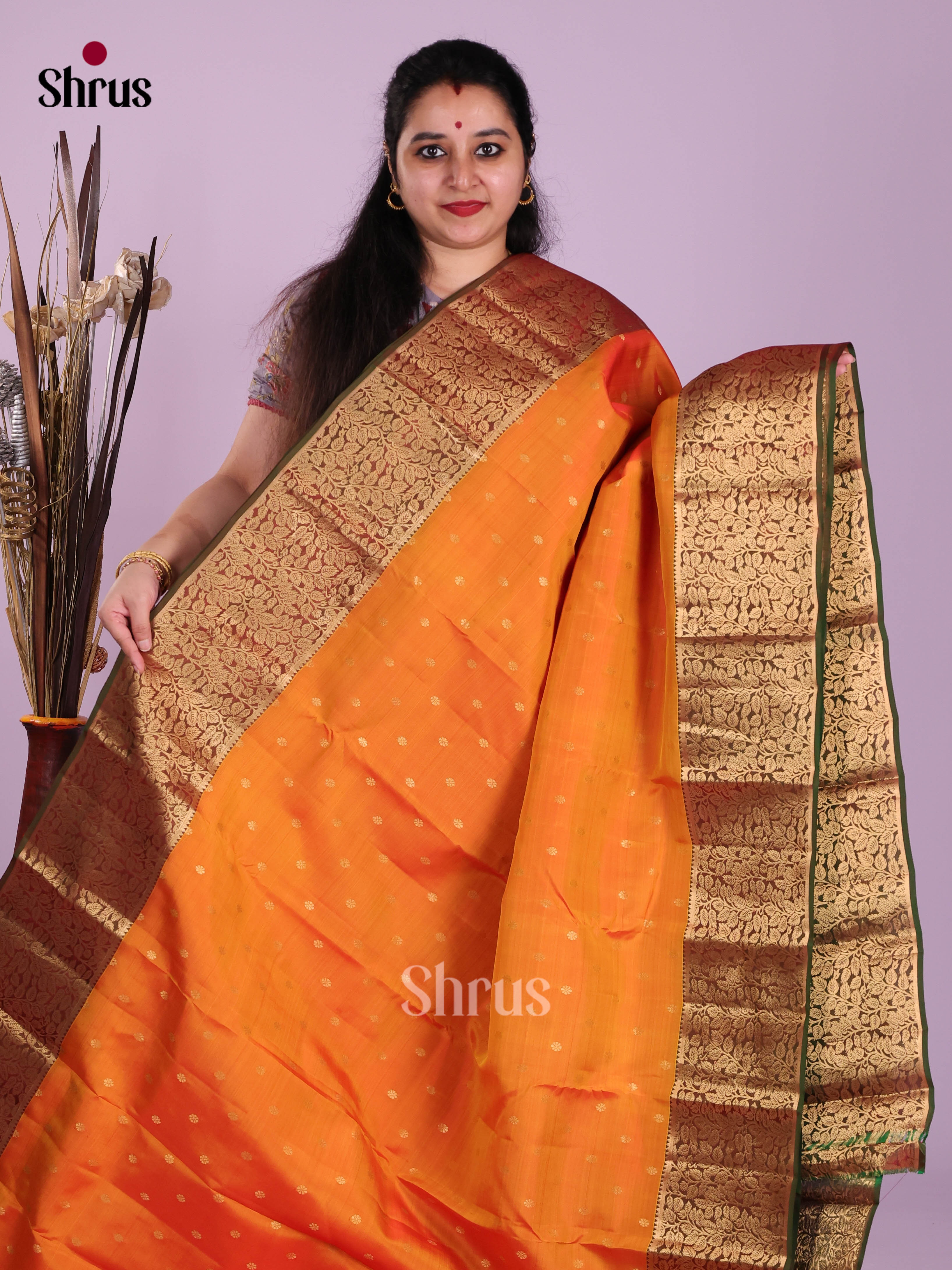 Orange & Green - Kanchipuram-halfpure Saree