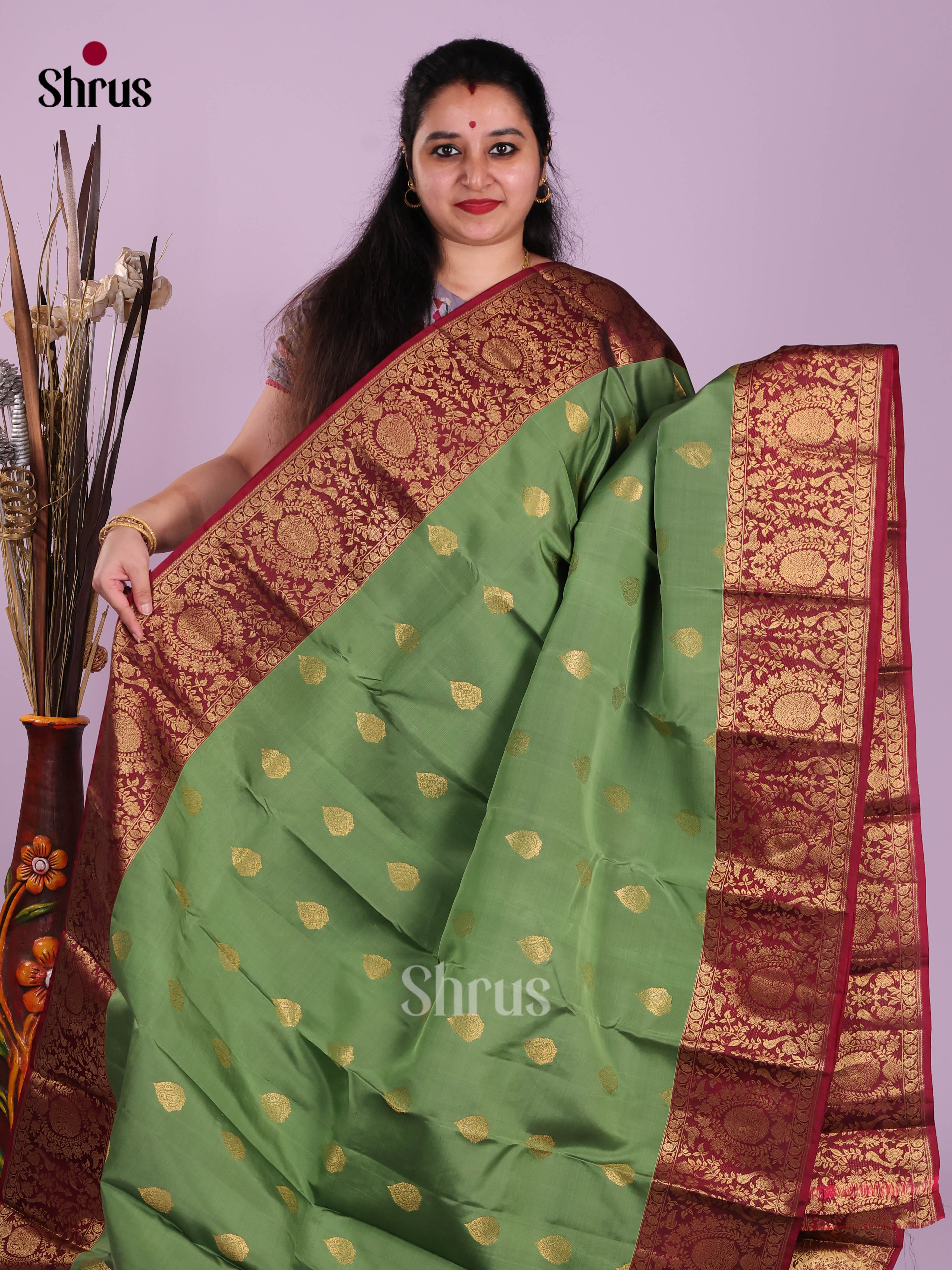 Green & Maroon - Kanchipuram-halfpure Saree
