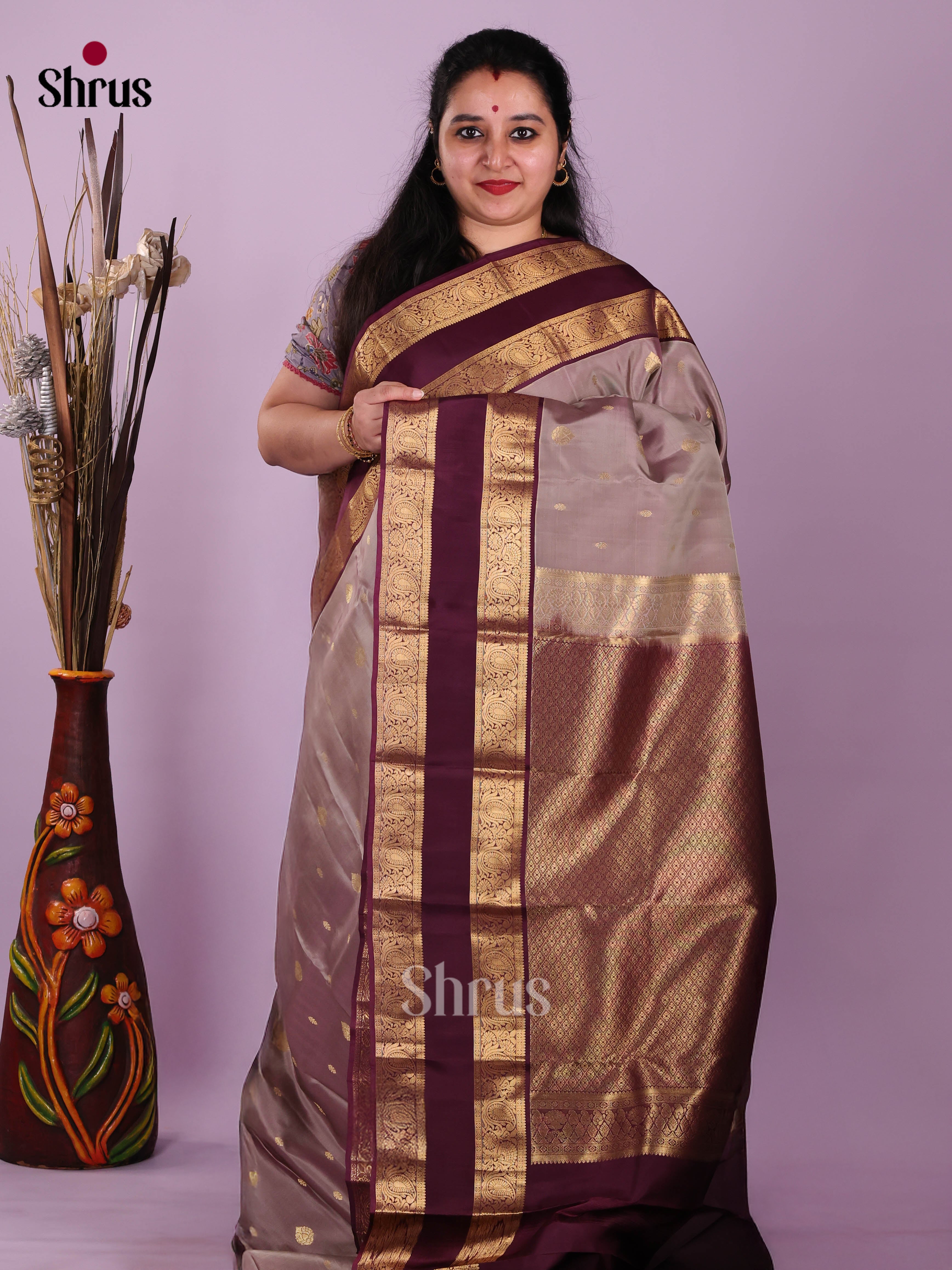 Grey & Purple - Kanchipuram-halfpure Saree