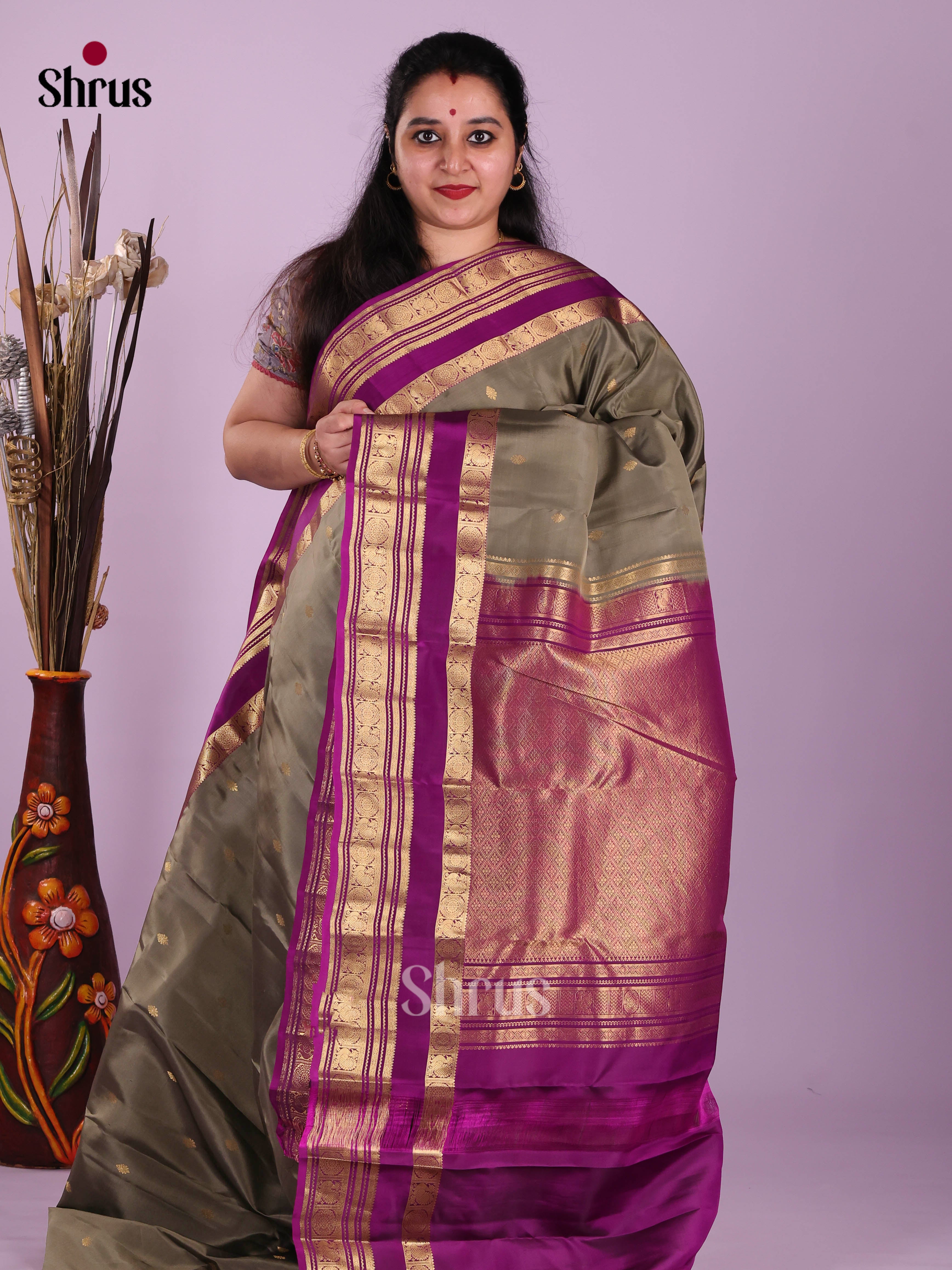 Grey  & Purple - Kanchipuram-halfpure Saree