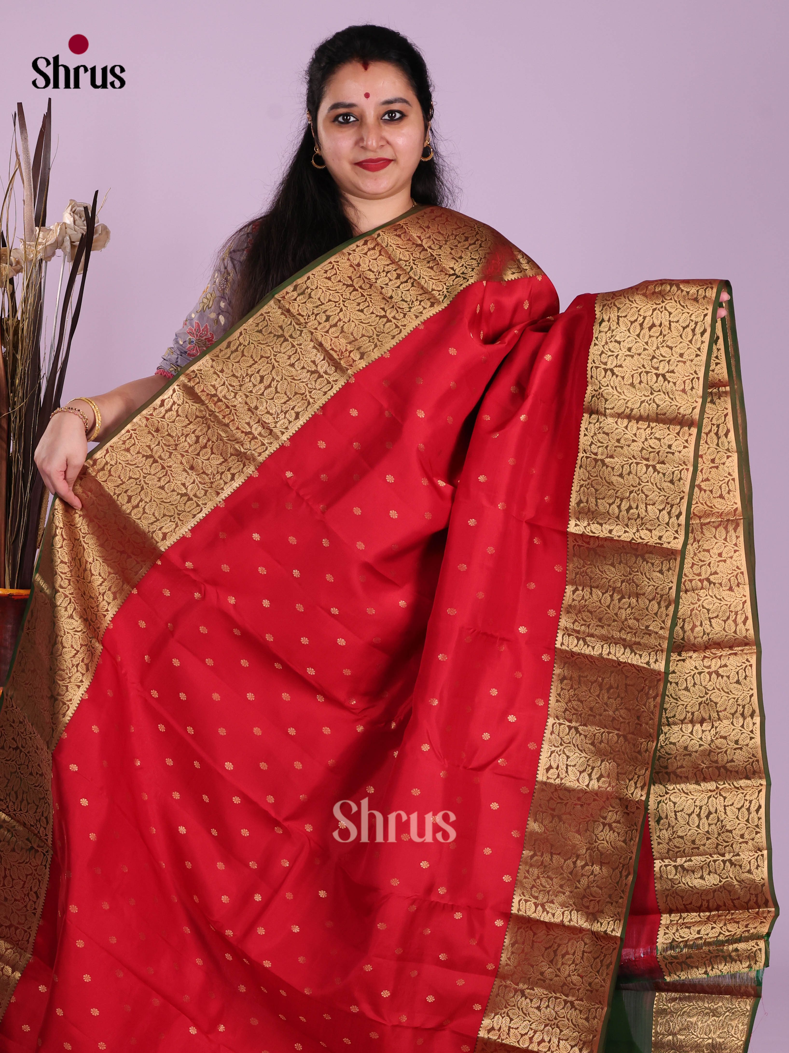 Red & Green - Kanchipuram-halfpure Saree