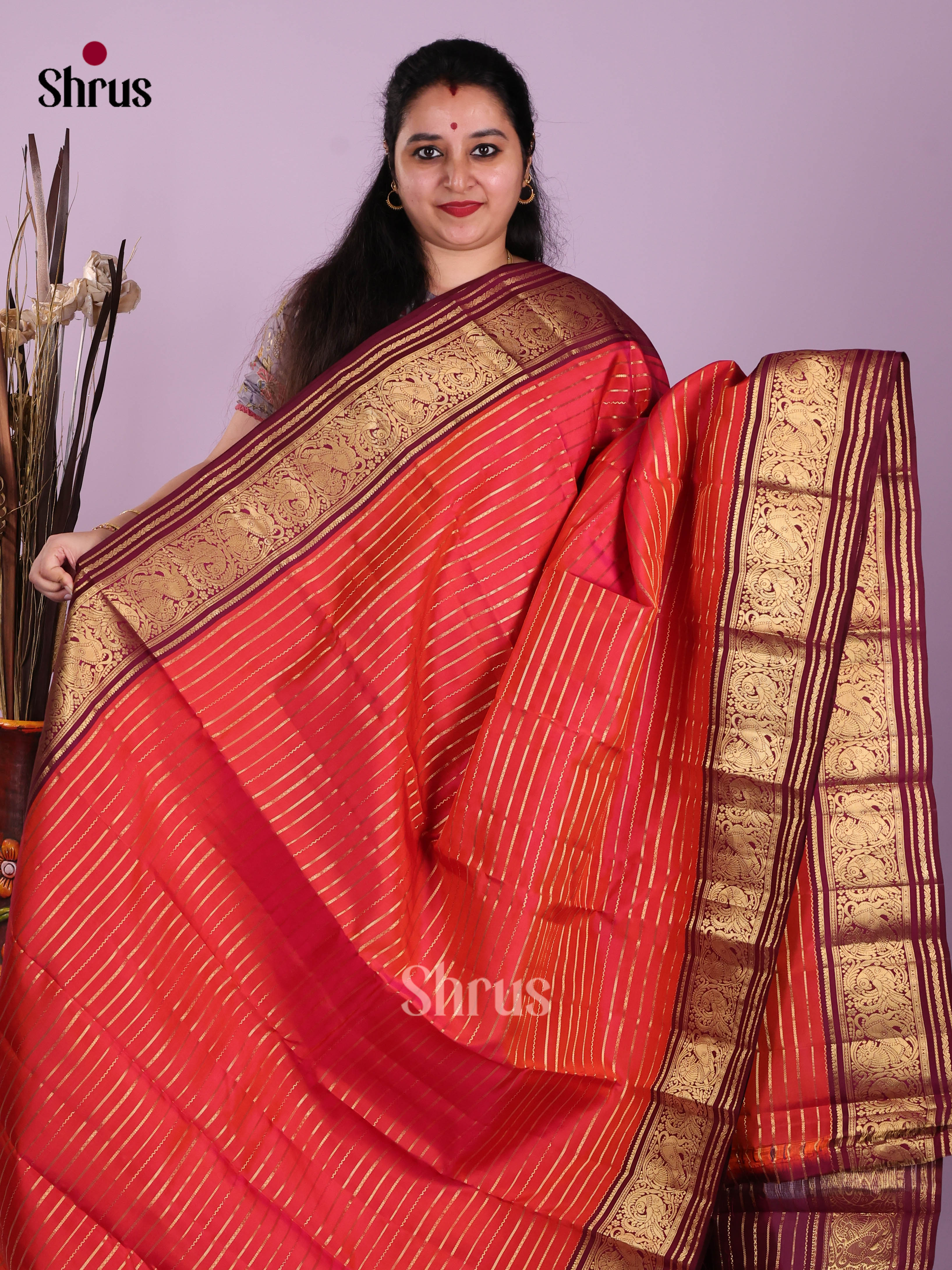 Orangish Pink & Maroon - Kanchipuram-halfpure Saree
