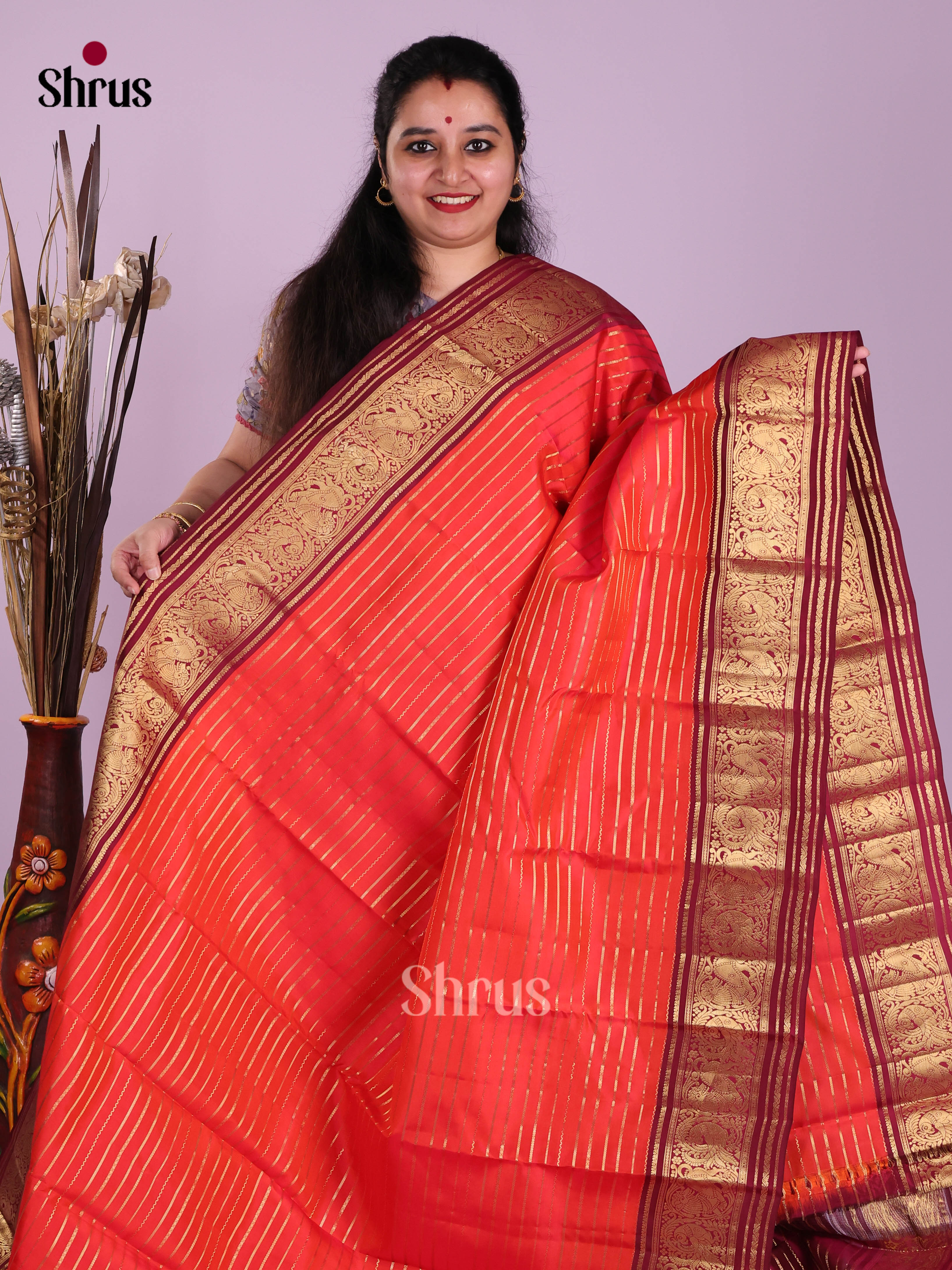 Orange & Maroon- Kanchipuram-halfpure Saree