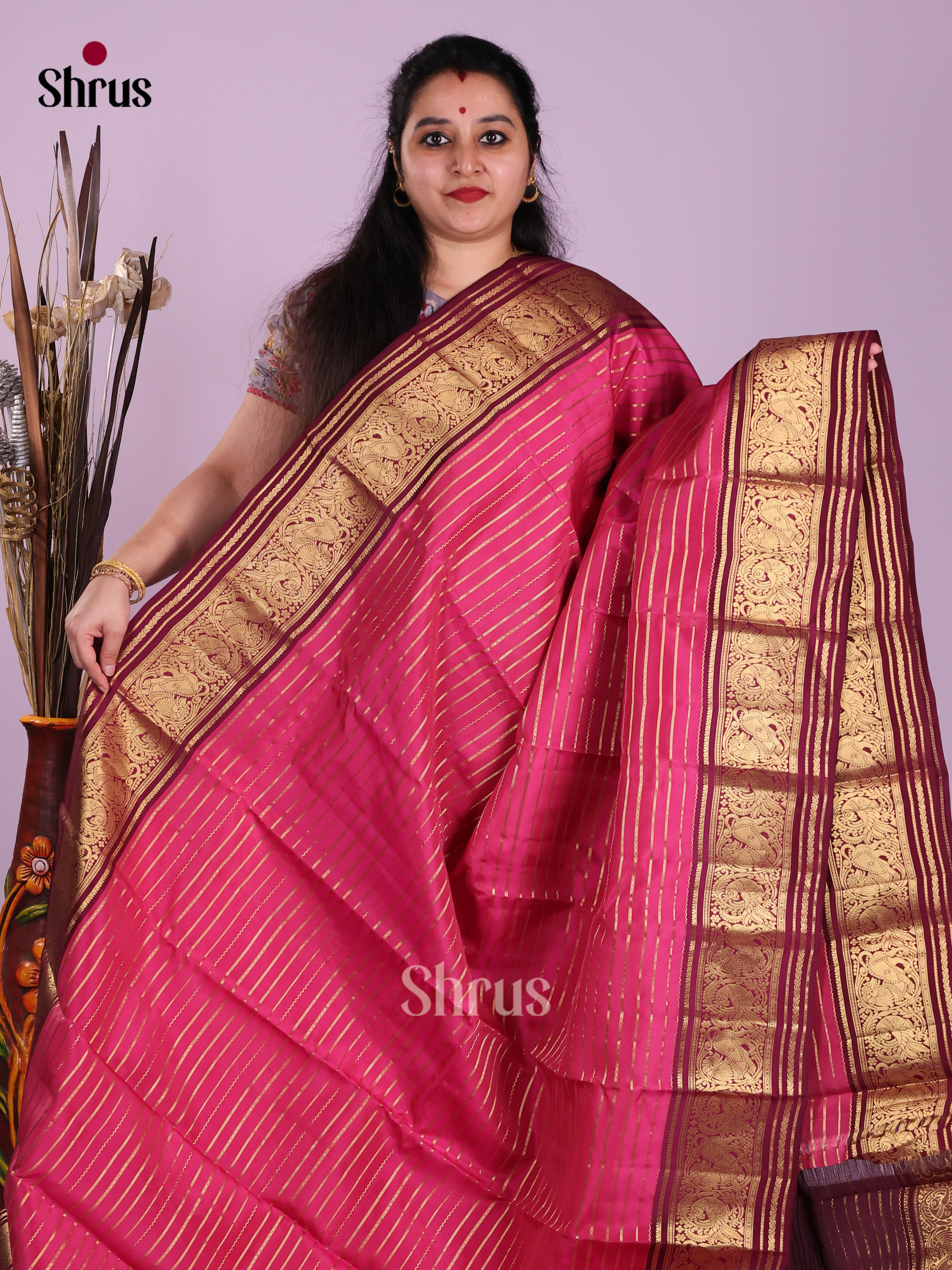 Pink & Maroon - Kanchipuram-halfpure Saree